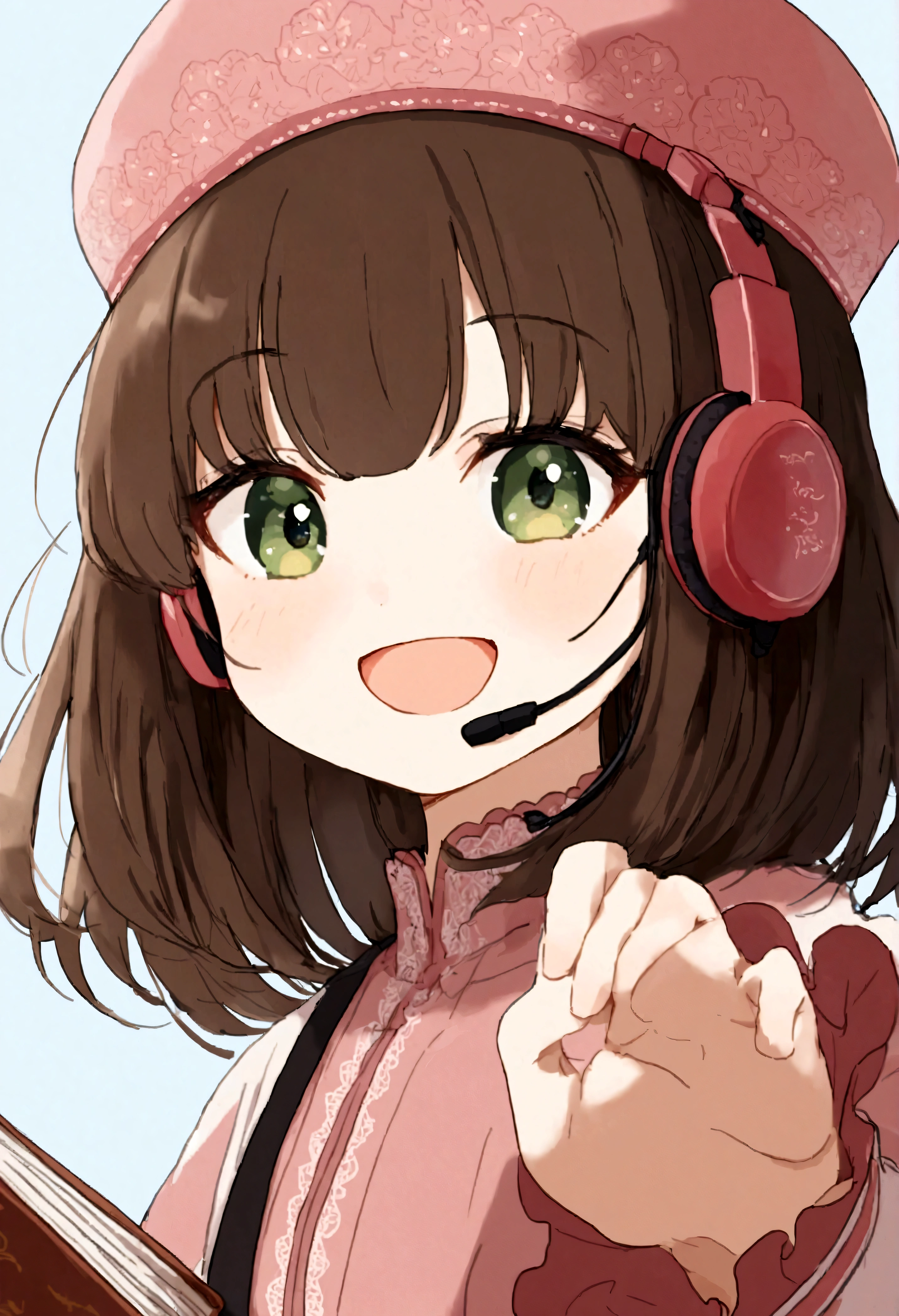 (Daisaku),(Need),(Super meticulous),(full bodyesbian:1.2),1girl,tchibi,adolable,ssmile,open-mouth smile,Light blue background,Raise your right hand,Hold a pencil in hand,Hold a book in your left hand,Music,Pink berets,Manteau,The shirt,short detailed hair,green headwear,Blurred,brunette color hair,longer sleeves,By bangs,Earphone,brunette color hair,(beautiful detailed face),(Beautiful and delicate eyes),