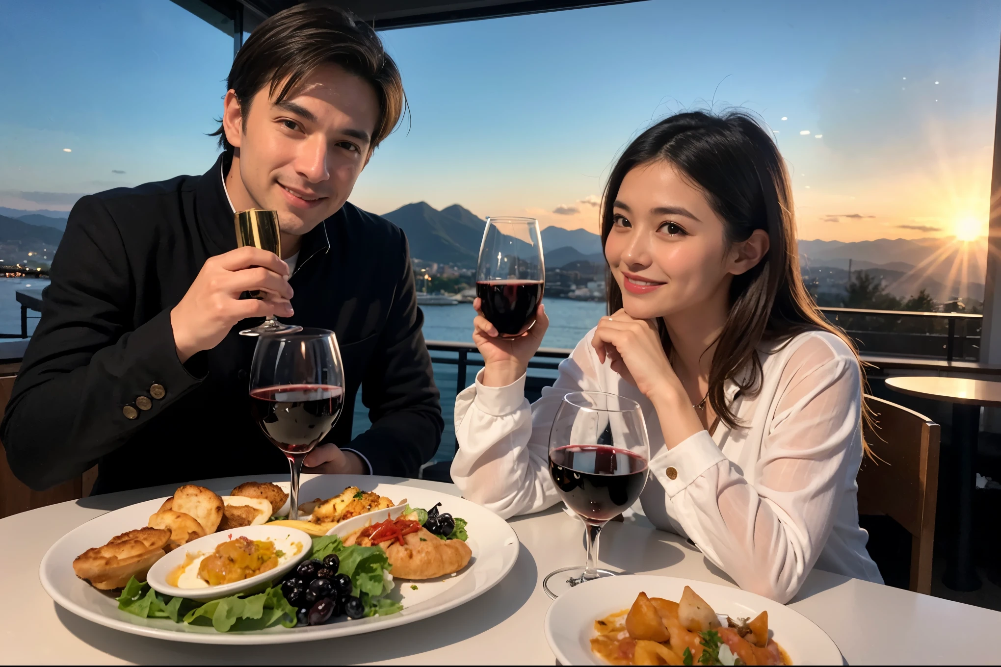 ((highest quality、8k、masterpiece:1.3))、1 male、1 female、Spouse、Beautiful couple、smile、 (Slim face), (the body is スリム), (Brown Hair), (Shortcuts), テーブルの上のwine glass、Please shine a light on my face、 Amazing view of the sunset sky and clouds、Amazing mountain views、smileの美しさ、Bright image、Blushing, Shortcuts,Bright Face、 (Age 35), 39 years old, red wine 、Appetizers、Italian food、Wine bottle、Champagne、sparkling wine、Long sleeve shirt、dress、Attractive beauty、restaurant, Nova Frog Style, actress, model, Upper Body, White wine, red wine, wine glass,