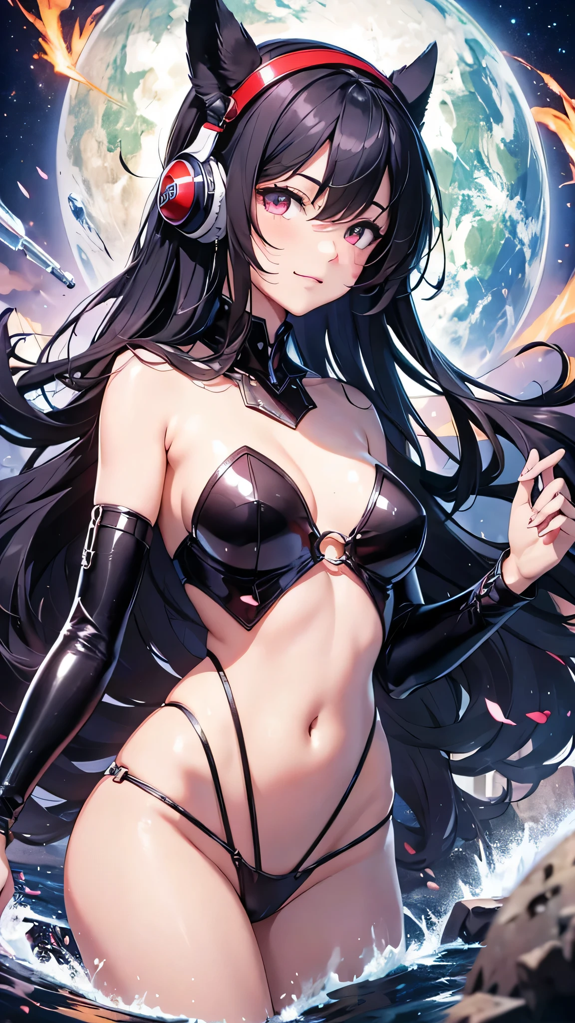 Highest quality、Highest quality、Masterpiece、girl((20-year-old、as soon as、Highest Bust、Medium Bust、Wide open chest、Red glowing eyes、Black Ear、Red Mesh、Disheveled Hair、Loincloth、thin、The best valley、Open chest、hair ornaments、Full body view、NSFW(Completely naked)、Random Pause、smile、Headphones embarrassed face))、high quality、Beautiful Art、background((Collapsing Ground、no gravity、Floating Object、shooting star、universe、comet))、Depth((Earth))、flight、Flying Debris、Depth of text、movie、Visual Arts、Perfect Art、8K、Genuine、Special Angles