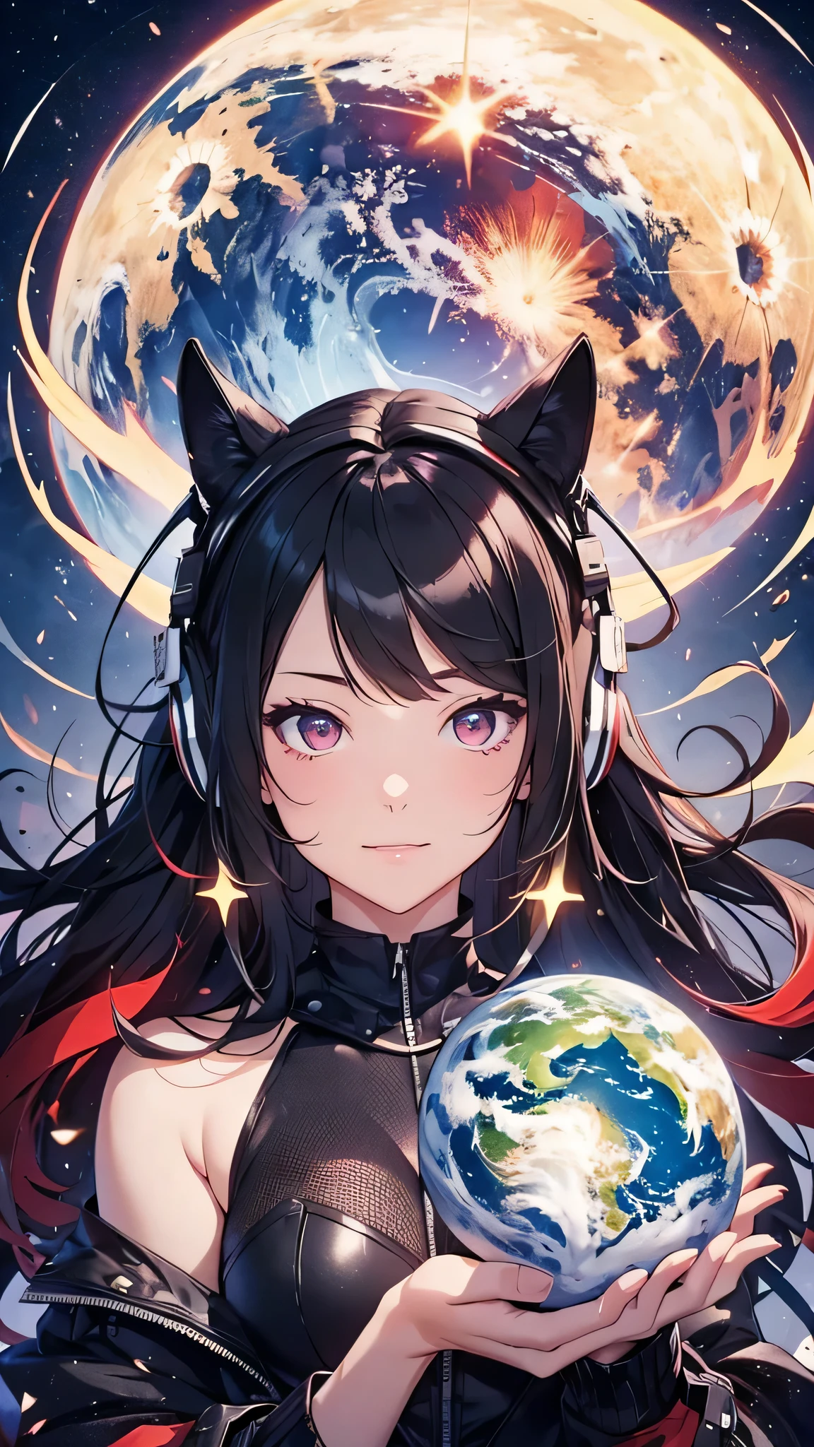 Highest quality、Highest quality、Masterpiece、girl((20-year-old、as soon as、Highest Bust、Medium Bust、Wide open chest、Red glowing eyes、Black Ear、Red Mesh、Disheveled Hair、Loincloth、thin、The best valley、Open chest、hair ornaments、Full body view、NSFW(Completely naked)、Random Pause、smile、Headphones embarrassed face))、high quality、Beautiful Art、background((Collapsing Ground、no gravity、Floating Object、shooting star、universe、comet))、Depth((Earth))、flight、Flying Debris、Depth of text、movie、Visual Arts、Perfect Art、8K、Genuine、Special Angles