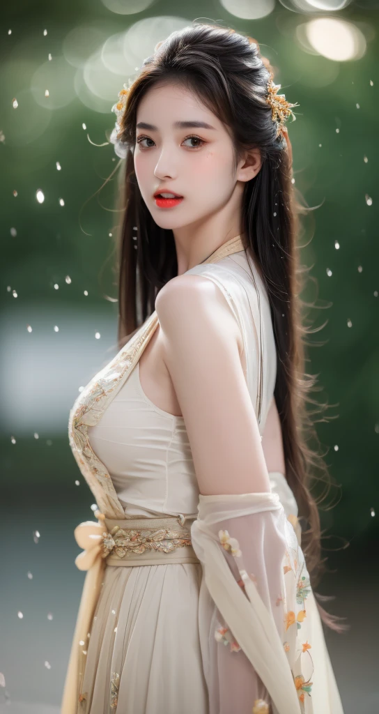 ((Best Quality, 8k, Masterpiece: 1.3)), Focus: 1.2, Perfect Body Beauty: 1.4, Buttocks: 1.2, ((Layered Haircut)), (Wet Clothes: 1.1), (Rain, Street:1.3), (Breasts: 1.2), (Hanfu: 1.2), Bare Shoulders, Bare Legs, Highly Detailed Face and Skin Texture, Fine Eyes, Double Eyelids, Whitened Skin, Long Hair, (Shut Up: 1.5), (Bokeh Background: 1.5), Big Breasts