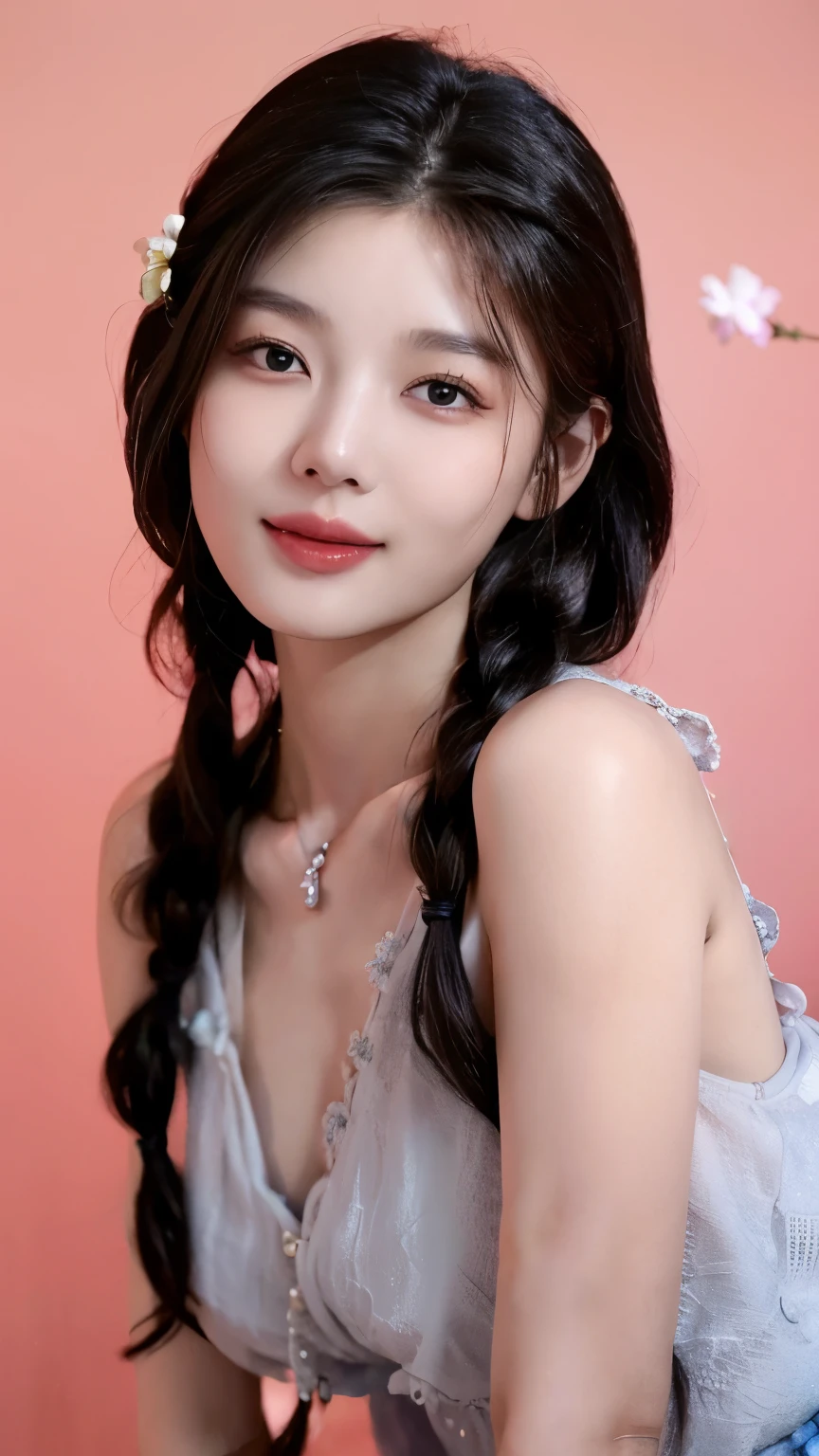 Half body portrait of Korean woman with braided hair, Beautiful and spellbinding for every eye, Under the eyes, night picture, dress up tank top, flowers in hair