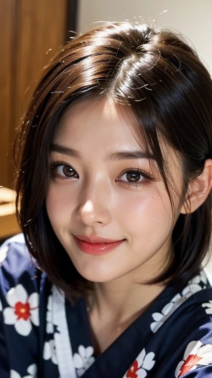 ((Beautiful Japanese woman)),((Small breasts)),, (8k, highest quality, masterpiece:1.2),(Realistic, photo-Realistic:1.37),Very delicate and beautiful,8k,In detail,Beautiful details,highest quality,Ultra-high resolution,((Very detailed)),(photo-Realistic:1.37),(((Black Short Hair)))、((Moles in the corners of the eyes))、(Thin eyebrows)、((double eyelid))、((Tear bags))、Fine skin、((yukata))、room、((Golden ratio of the face))、(Beautiful curves)、Beautiful décolletage、Random Pause、From the knee up、Random facial expression、Random Smile