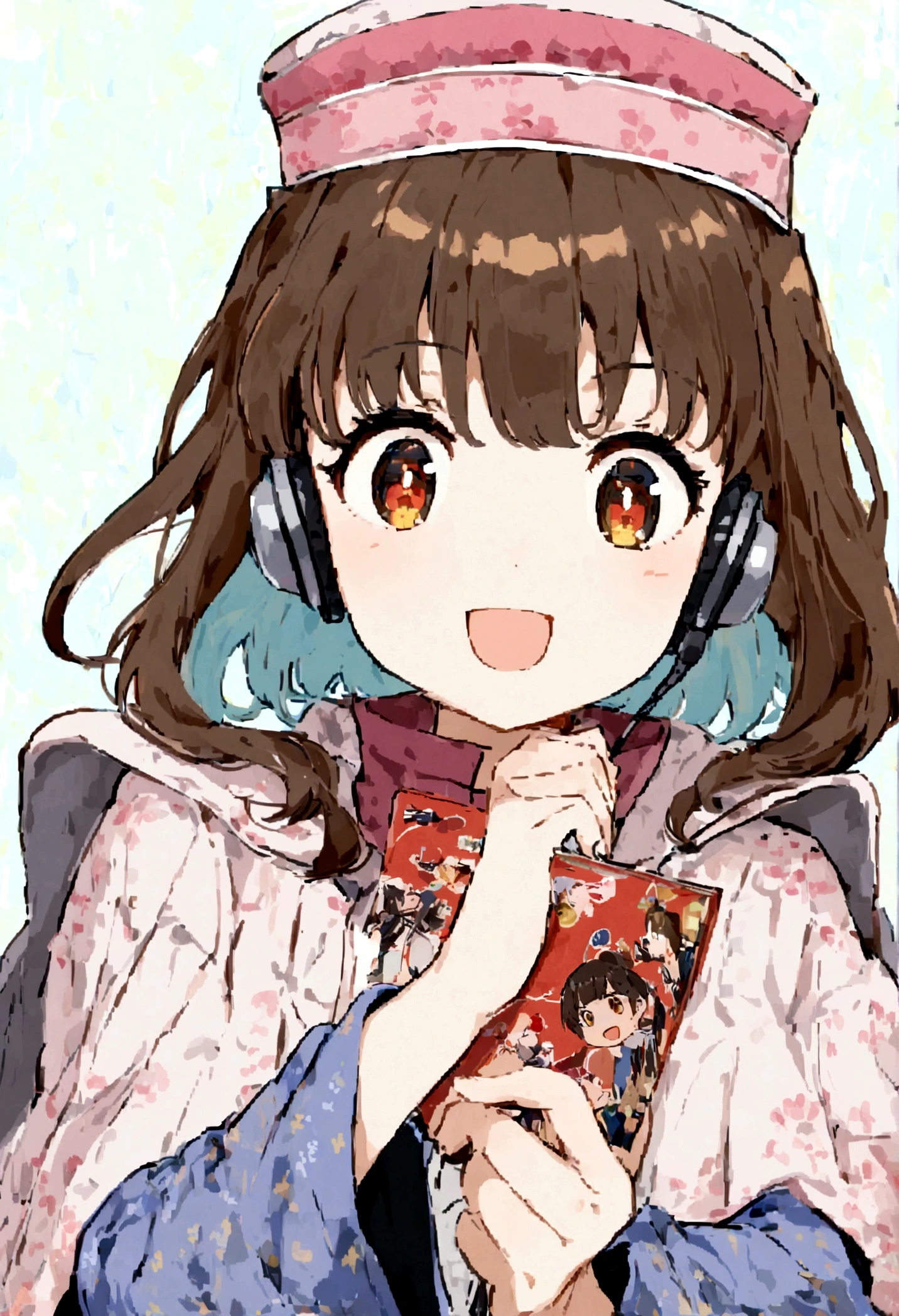 (Daisaku),(Need),(Super meticulous),(full bodyesbian:1.2),1girl,tchibi,adolable,ssmile,open-mouth smile,Light blue background,Raise your right hand,Hold a pencil in hand,Hold a book in your left hand,Music,Pink berets,Manteau,The shirt,short detailed hair,green headwear,Blurred,brunette color hair,longer sleeves,By bangs,Earphone,brunette color hair,(beautiful detailed face),(Beautiful and delicate eyes),