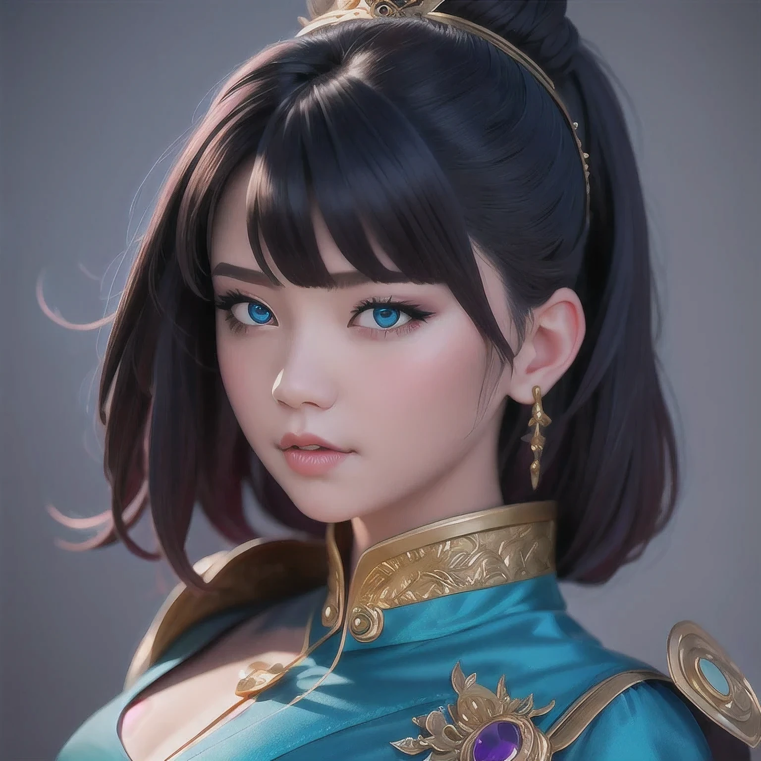 there is a 18 years old in a purple dress holding a dragon, wlop and ross tran, ross tran 8 k, fantasy art style, chengwei pan on artstation, a beautiful fantasy empress, ross tran and wlop, ruan jia and artgerm, the dragon girl portrait, ig model | artgerm, artgerm and ruan jia，beautiful 1girl bangs blue eyes closed mouth ear piercing earrings grey background hair ornament jewelry lips looking at viewer military military uniform nose piercing portrait realistic short hair simple background solo upper body