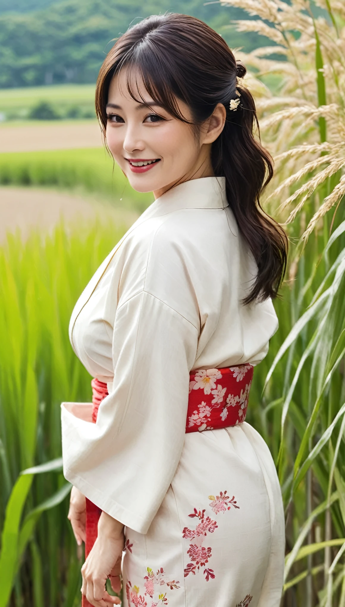 masterpiece,highest quality,Excellent,(Mature Woman:1),(Mature Woman:1.3), (50歳のMature Woman.1.3)(((Very large)))、(((Big big boobs)))、(((Big big cleavage)))、{Japanese countryside(Rice field footpath)}、Cute Smile、Well-tanned skin、Delicate and precise skin texture、(Plump figure)、disheveled brown hair、Japanese women、(Big Ass)、Thick thighs、Bright red lips、Thick upper arms、Wearing an old yukata with a sober color、Yukata worn、