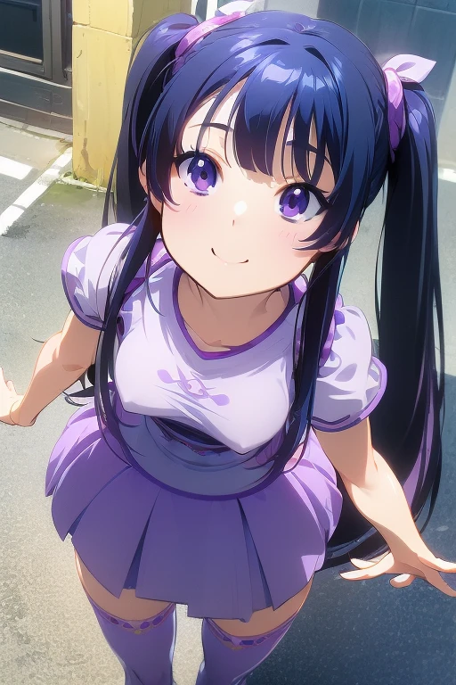 ((masterpiece)), (((HDR))), ((best quality)), (ultra high quality), (hi-res), ((1 anime girl)) (((pastel purple eyes))), beautiful eyes, detailed eyes, ((teen)), (((blue black hair))), (bangs), twintails, tied hair, ((long straight hair)), ((small breast)), (((zettai ryouiki))), (plump thighs), (chubby thighs), (thin waist), (((thigh gap))), ((happy expression)), (smile), crooked tooth, sharp tooth, cute, facing camera, ((looking up at camera)), ((leaning forward)), bend at waist, (skirt), (idol clothes), (short-sleeved), standing, point, walking, in the city, outside, buildings, sidewalk, daytime, sunlight on face, noon, bright sun, city scenery, crosswalk, birds