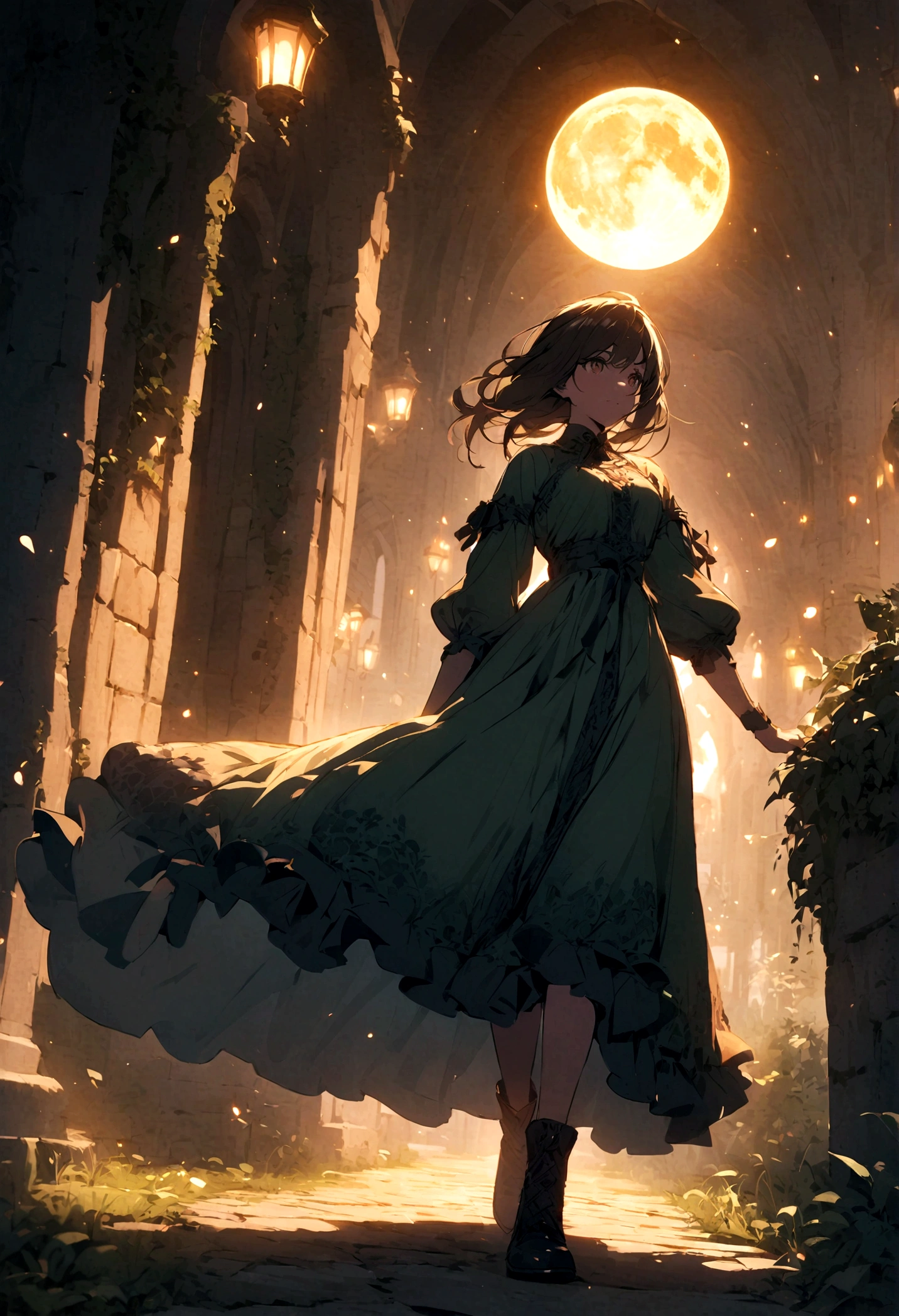 Full Moon Night,Brunette girl walking in the castle garden