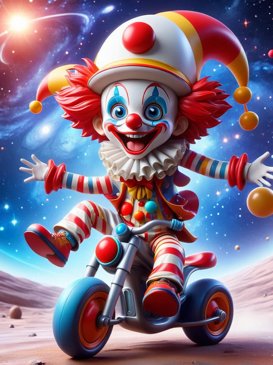 (chibi), 1boy, solo, (A visually impactful Q-version clown image),  Wearing a black visor，Wearing a crisp white suit with red shoulder straps，Cute clown riding a motorcycle with big grip tires(Children's tricycle), (Exploring the lunar surface)，(The background shows a stunning galaxy filled with stars and cosmic wonders:1.3), Imaginative image of space exploration, Add whimsy to the scene, full-body shot, Cartoon Style, Created with C4D and Blender, Blind box toy styles, Super Detail, anatomically correct, masterpiece, accurate, award winning, 8k, (Long-range shooting:1.4), (Wide Angle)