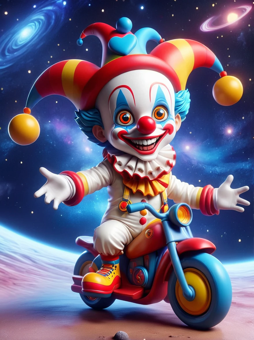 (chibi), 1boy, solo, (A visually impactful Q-version clown image),  Wearing a black visor，Wearing a crisp white suit with red shoulder straps，Cute clown riding a motorcycle with big grip tires(Children's tricycle), (Exploring the lunar surface)，(The background shows a stunning galaxy filled with stars and cosmic wonders:1.3), Imaginative image of space exploration, Add whimsy to the scene, full-body shot, Cartoon Style, Created with C4D and Blender, Blind box toy styles, Super Detail, anatomically correct, masterpiece, accurate, award winning, 8k, (Long-range shooting:1.4), (Wide Angle)