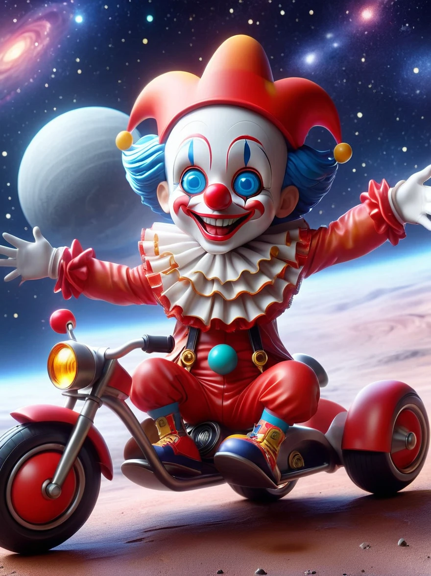 (chibi), 1boy, solo, (A visually impactful Q-version clown image),  Wearing a black visor，Wearing a crisp white suit with red shoulder straps，Cute clown riding a motorcycle with big grip tires(Children's tricycle), (Exploring the lunar surface)，(The background shows a stunning galaxy filled with stars and cosmic wonders:1.3), Imaginative image of space exploration, Add whimsy to the scene, full-body shot, Cartoon Style, Created with C4D and Blender, Blind box toy styles, Super Detail, anatomically correct, masterpiece, accurate, award winning, 8k, (Long-range shooting:1.4), (Wide Angle)