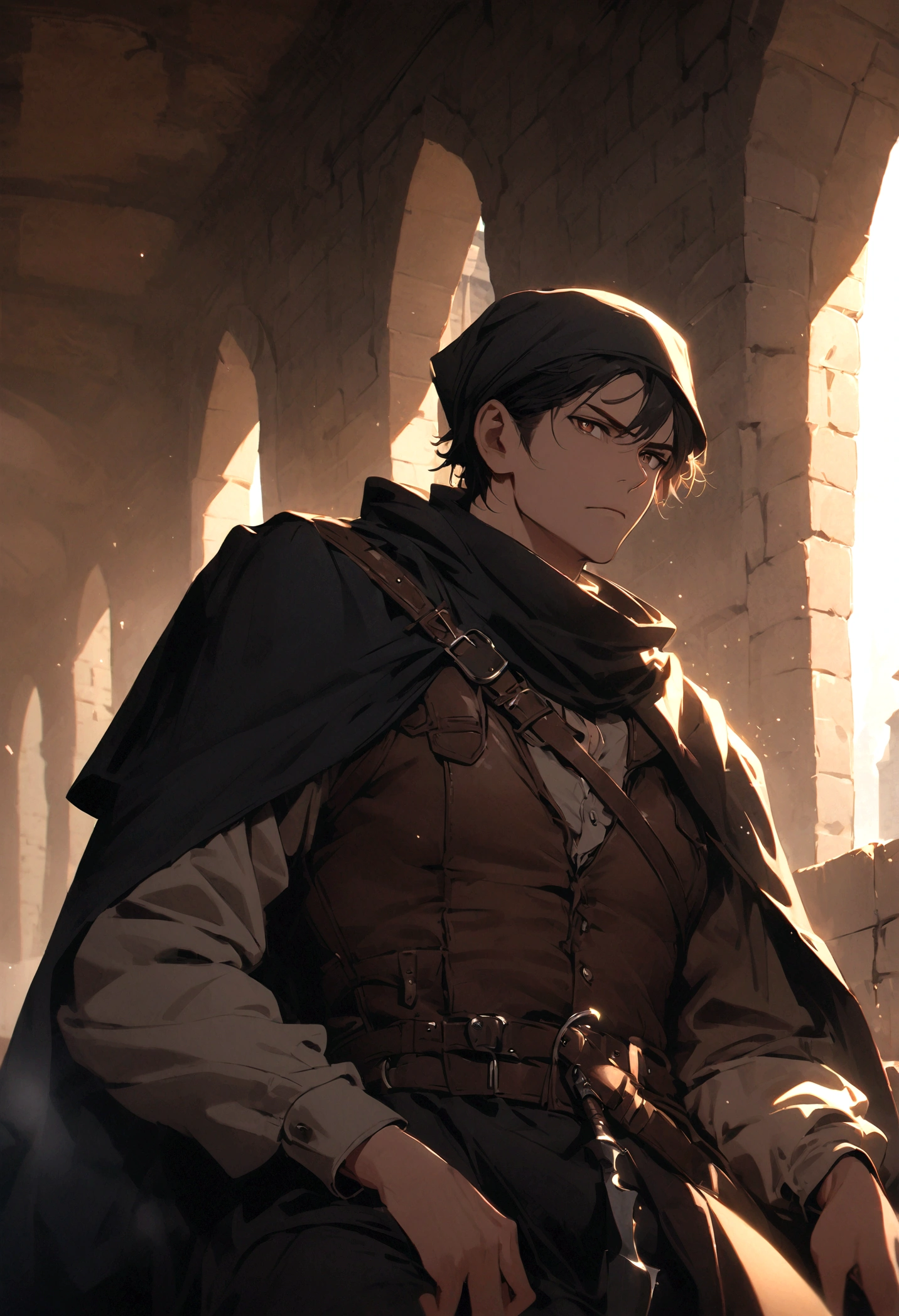 (absurd, High resolution, Super detailed), 1 male, aldult, Handsome, High muscle face, Broad shoulders, Delicate eyes, Black short hair, Brown eyes, Black cape, Wearing a headscarf, Leather vest, Leather waist bag, There are 2 daggers on the belt, castle, Medieval atmosphere, Natural light and shadow, There are bright particles flying around the man, excellent, mystery, Bright light, Sitting, Serious expression, cold, thoughtful, Shut up