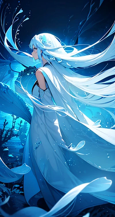 (Peace Fly), (highest quality), Very detailed, 1 girl, Personal full-body photo, Perfect Face, beautiful girl, Very detailed顔，(Long white hair:1.5)，(blue eyes:1.4)，(Flowing Hair:1.4)，(Underwater:1.4)，sink，school fishy，Light，jellyfish，Seaweed，Redfish，fishy，deep sea，Fantasy