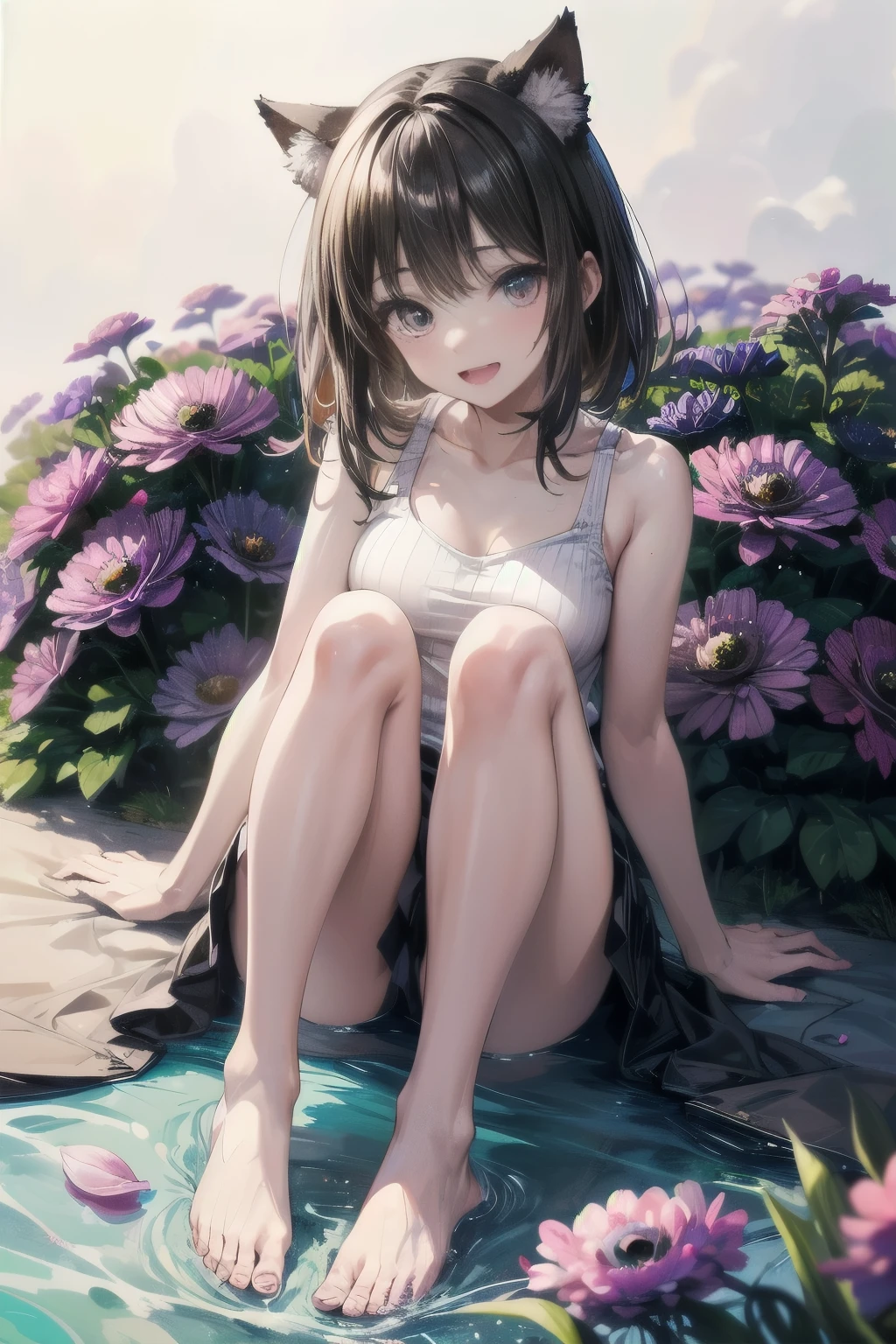 ((Masterpiece)), ((best quality)), (Anime:1.4), (super detail:1.2), (High Definition:1.3), (Professional Photography:1.3), (wide shot), (sharp focus), (perfect light), (()), 8K, Glossy skin, cinematic lighting, 1girl, (Knit fabric tank top), (Cute innocent teenage girllendar body, small breast, glossy mhair, (loose blunt bangs), ((:3)), open mouth, fang out, (naughty smile), beautiful collarbones, (slightly exposed shoulders), (put on Cat ears), pale brown hair, BREAK, ((best quality)), wide shot, (holding my knees:1.4), ((in purple anemone flowers)), summerday, Beautiful Horizon Background, 