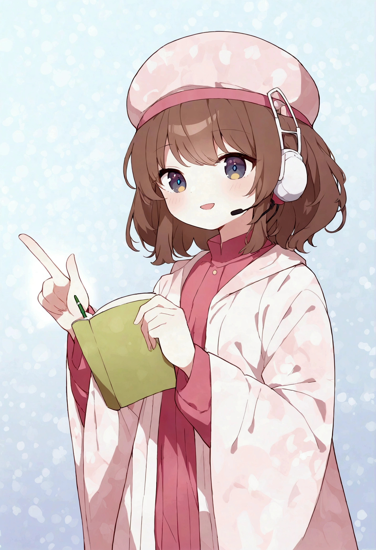 (Daisaku),(Need),(Super meticulous),(full bodyesbian:1.2),1girl,tchibi,adolable,ssmile,open-mouth smile,Light blue background,Raise your right hand,Hold a pencil in hand,Hold a book in your left hand,Music,Pink berets,Manteau,The shirt,short detailed hair,green headwear,Blurred,brunette color hair,longer sleeves,By bangs,Earphone,brunette color hair,(beautiful detailed face),(Beautiful and delicate eyes),