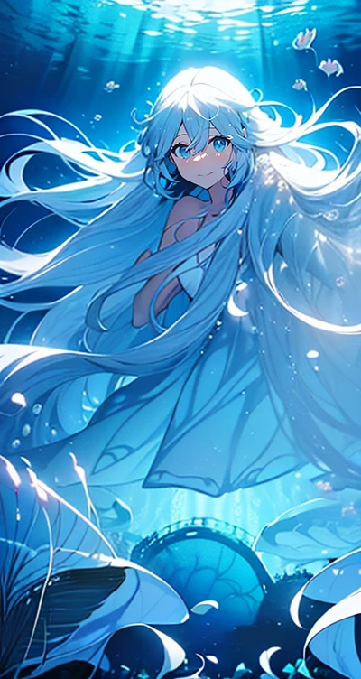(Peace Fly), (highest quality), Very detailed, 1 girl, Personal full-body photo, Perfect Face, beautiful girl, Very detailed顔,(Long white hair:1.5),(blue eyes:1.4),(Flowing Hair:1.4),(Underwater:1.4),sink,school fishy,Light,jellyfish,Seaweed,Redfish,fishy,deep sea,Fantasy