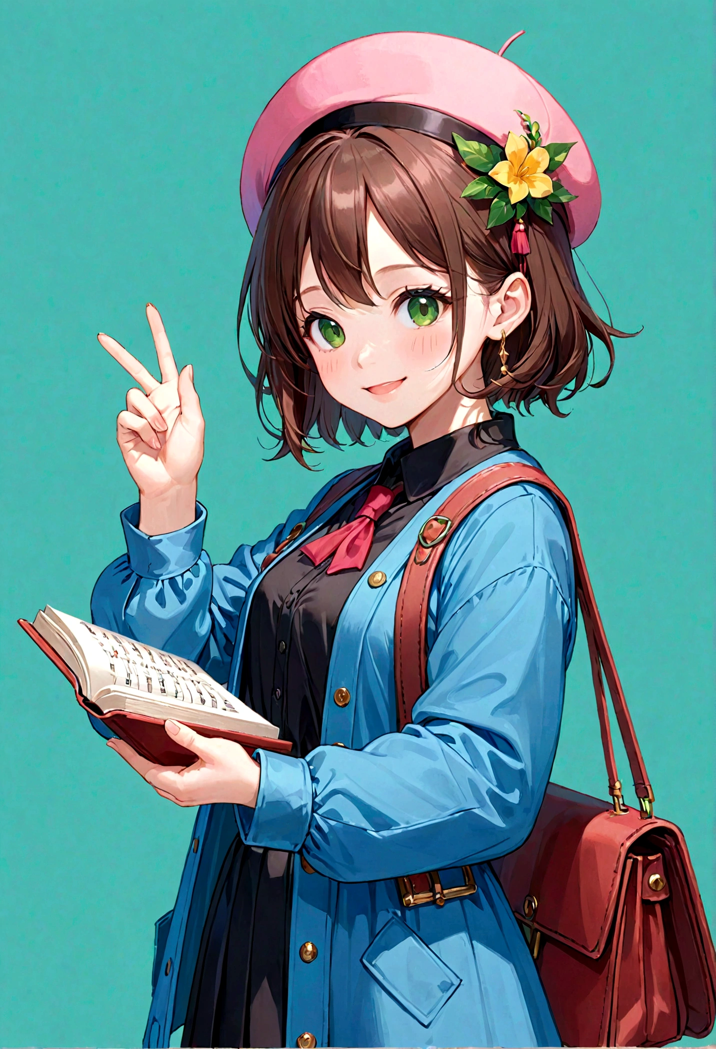 (Daisaku),(Need),(Super meticulous),(full bodyesbian:1.2),1girl,tchibi,adolable,ssmile,open-mouth smile,Light blue background,Raise your right hand,Hold a pencil in hand,Hold a book in your left hand,Music,Pink berets,Manteau,The shirt,short detailed hair,green headwear,Blurred,brunette color hair,longer sleeves,By bangs,Earphone,brunette color hair,(beautiful detailed face),(Beautiful and delicate eyes),