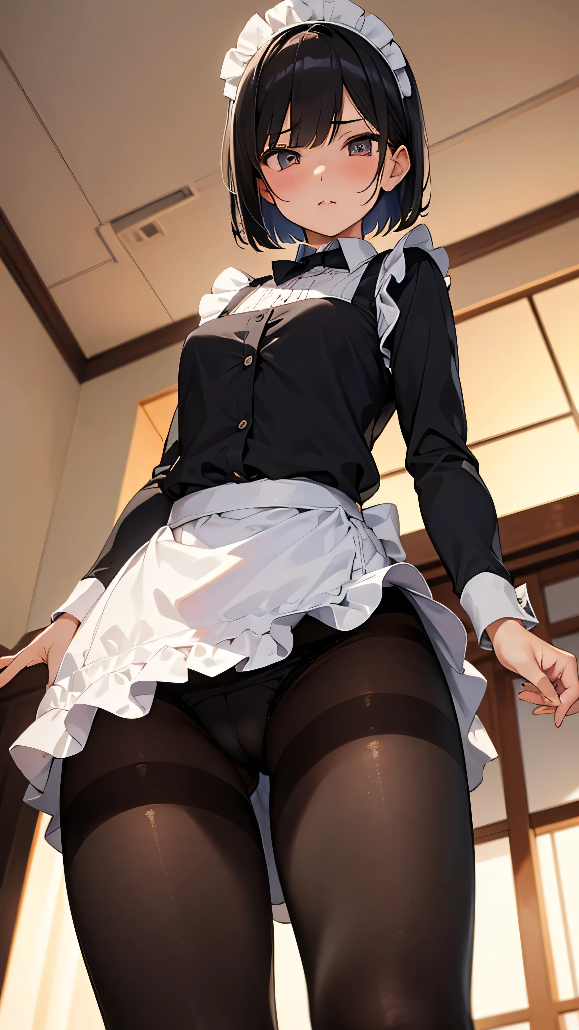 masterpiece,highest quality,1girl,Maid,Black Bob,Black Apron Dress,Small breasts,Black pantyhose,Low - Angle,looking at the camera,(Sharp Eyes),(Glaring:1.1),Scornful Eyes,(empty eyes)Grit your teeth,Sweat,(Lift up your skirt yourself),pantyshot,(Panties through pantyhose),cameltoe focus,(from below),Raise one leg,pov,In a mansion