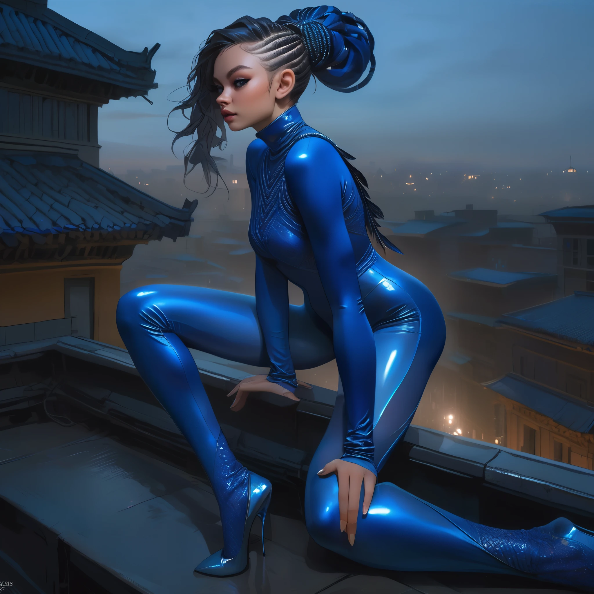 Full body portrait, young beautiful woman wearing a (ultramarine blue color) latex bodysuit (high leg cut:1.4), highly detailed eyes and face, beautiful detailed eyes, beautiful detailed lips, beautiful woman, long black hair, braided ponytail, wearing three peacock feathers as hair ornament:1.4, night, rooftop of a big city building, realistic, photorealistic, natural light, glowing skin, hands on knees, (squatting with legs wide apart:1.3), cold lighting, dark and gloomy atmosphere, cinematic lighting, dramatic, high quality, photorealistic, 8k, masterpiece, portrait photo, chloegm