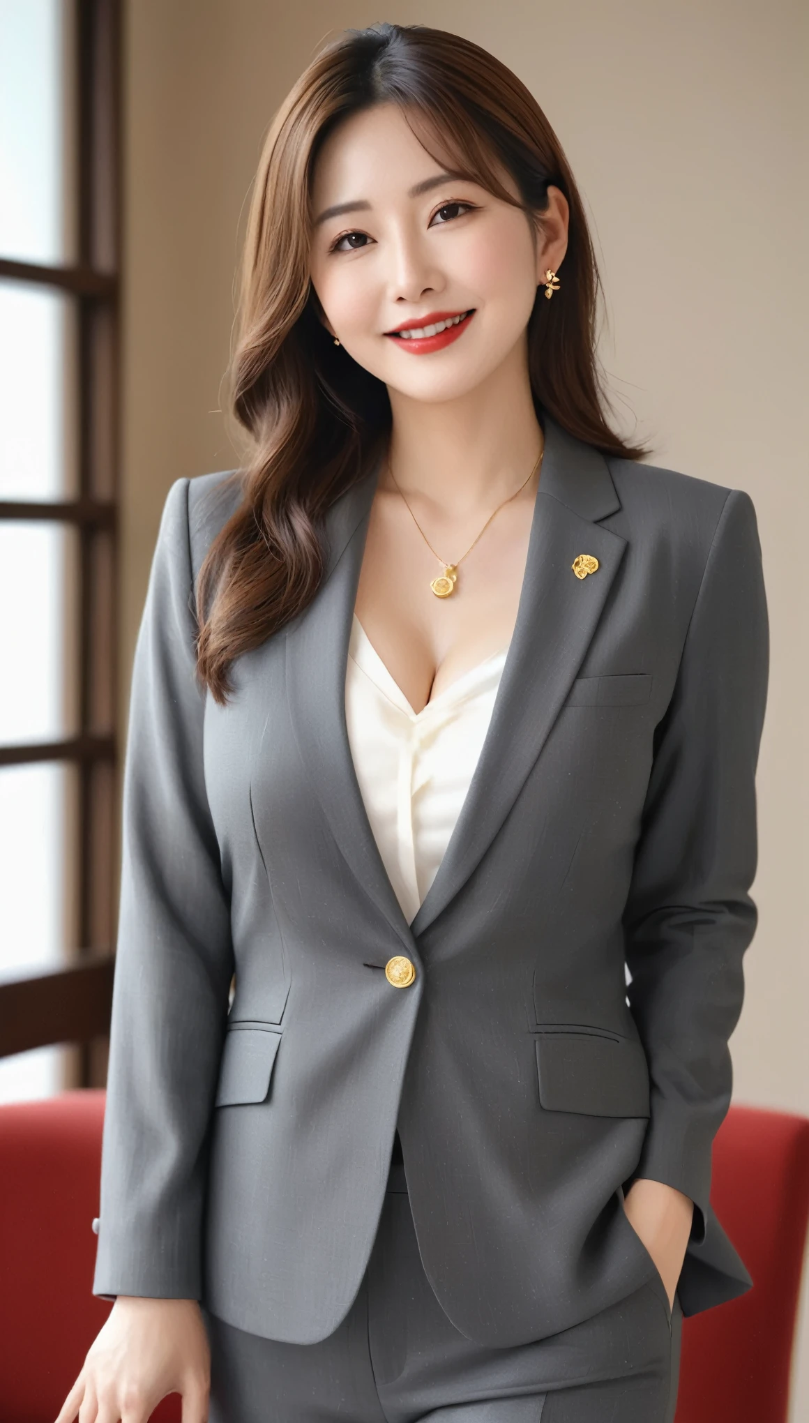masterpiece,highest quality,Excellent,(セクシーなMature Woman:1),(Mature Woman:1.3), (50-year-old woman.1.3)、(((very, very大きい)))、(((Big big boobs)))、(((Big big cleavage)))、Hyper Real、In the lounge of a luxury hotel、A dignified smile、White skin、Delicate and precise skin texture、Long fluffy brown hair、Japanese women、(Big Ass)、Thick thighs、Bright red lips、Gold earrings、Gold bracelet、Gold Necklace、{Charcoal gray suit(White blouse)}、