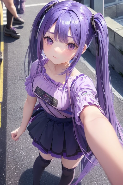 ((masterpiece)), (((HDR))), ((best quality)), (ultra high quality), (hi-res), ((1 anime girl)) (((pastel purple eyes))), beautiful eyes, detailed eyes, ((teen)), (((blue black hair))), (bangs), twintails, tied hair, ((long straight hair)), ((small breast)), (((zettai ryouiki))), (plump thighs), (chubby thighs), (thin waist), (((thigh gap))), ((happy expression)), (smile), crooked tooth, sharp tooth, cute, facing camera, ((looking up at camera)), ((leaning forward)), bend at waist, (skirt), (idol clothes), (short-sleeved), standing, point, walking, in the city, outside, buildings, sidewalk, daytime, sunlight on face, noon, bright sun, city scenery, crosswalk, birds