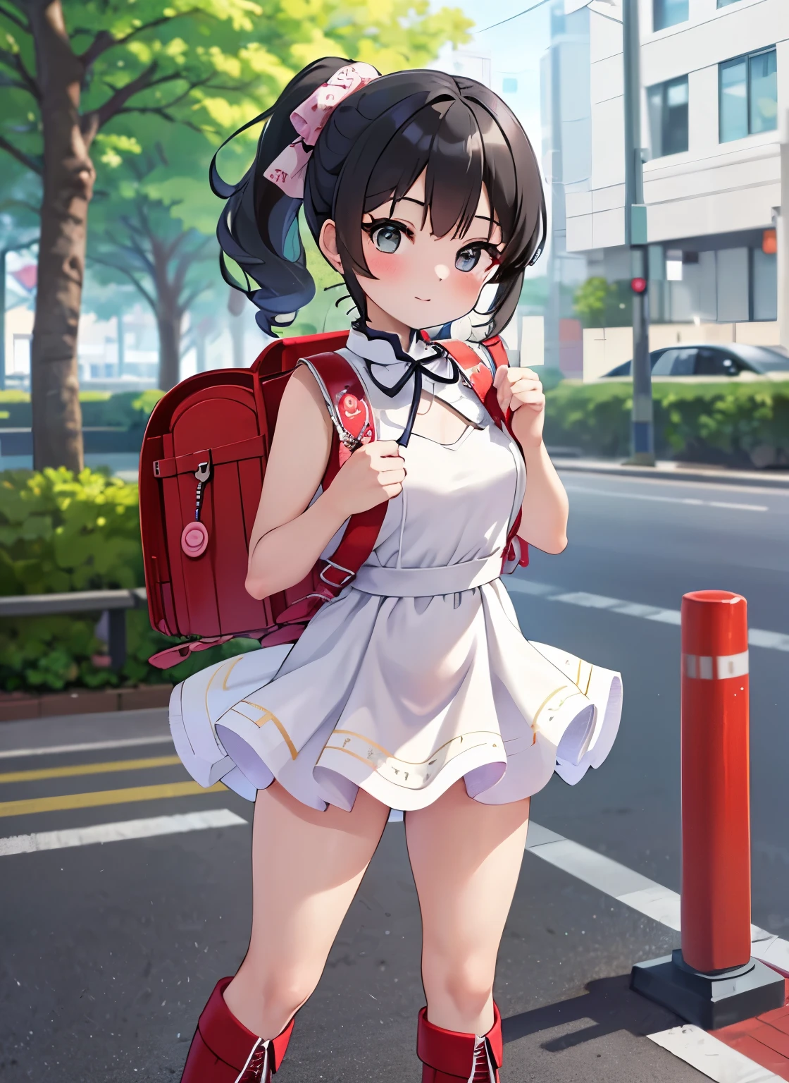 masterpiece, High resolution, Realistic, Black Hair, Asian Girl, p○nytail, hair ribb○n,(Very young face).○, 1girl wearing a pink id○l dress (((Sparkling idol dress that exposes beautiful thighs:1.2)))、(Wearing a flipped up, too short mini frill skirt), (Black Hairのアジア人), Outdoor, ponytail, Are standing, Outdoor, wearing red Backpack, (Backpack:1.1) (Red backpack:1.2)、((Beautiful thighs:1.39)),((lovely:1.4)), standing fullbody, wearing red boots, (boots:1.2)