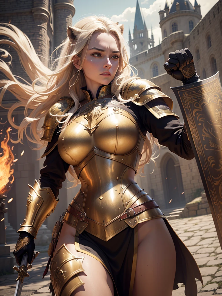 realistic portrait of a female warrior, shiny golden armor, large breasts, detailed shield and sword engraved with lion symbols, medieval castle in the background, war scene with dead bodies, fire, smoke, dramatic lighting, cinematic, highly detailed, 8k, photorealistic, unreal engine, masterpiece, award winning, digital art