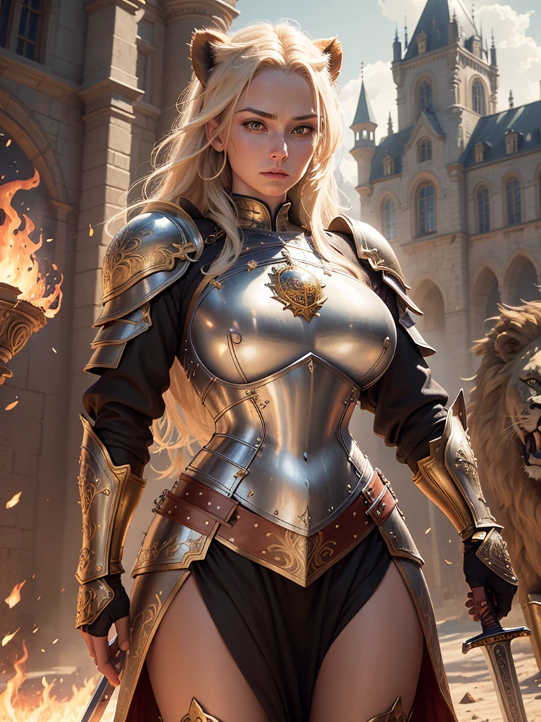 realistic portrait of a female warrior, shiny golden armor, large breasts, detailed shield and sword engraved with lion symbols, medieval castle in the background, war scene with dead bodies, fire, smoke, dramatic lighting, cinematic, highly detailed, 8k, photorealistic, unreal engine, masterpiece, award winning, digital art