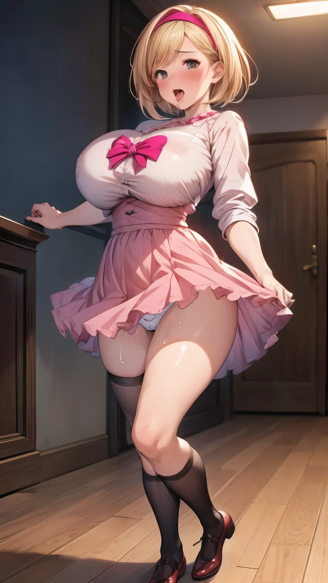 best quality,((((1girl)))),((big breasts:1.3)),curvy,((orgasm,blush,ahegao,tongue out,saliva,saliva trail:1.1)),sweat,Djeeta_a,blonde hair, short hair, Brien eyes, djeeta one piece dress,mini skirt,lift skirt,upskirt,lace panties,white panties,black kneehighs,dildo Under panties,pussy juice,full body