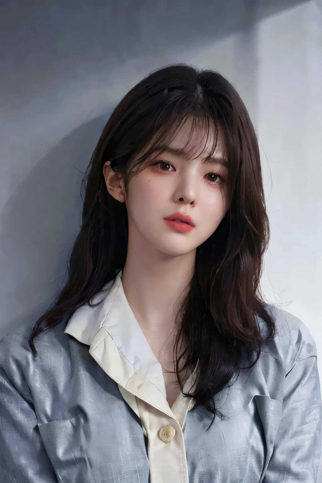 very messy bangs and hair, Hyperrealist portrait Han so hee, looking to the side, photo realistic, dynamic lighting, artstation, blood stains, poster, volumetric lighting, very detailed faces, 4 k, award winning,, 1girl, in the dark, deep shadow, low key, close up of face shot,(winter coat:1.4) ,long hair,white hair,