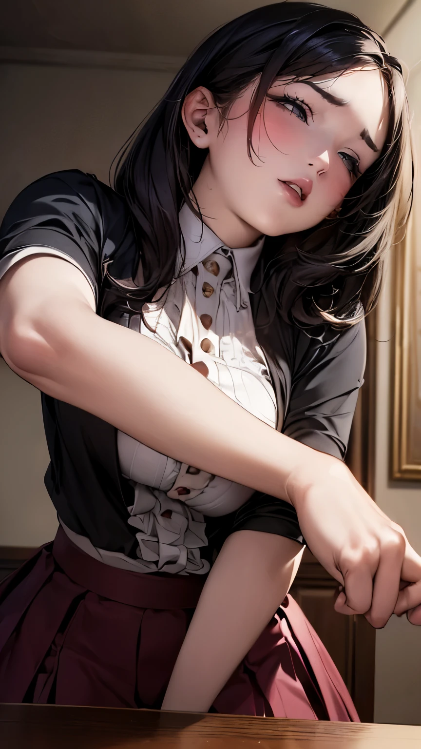 ((drooping eyes, ecstasy)), (((round face, blush, glossy lips, open mouth))), (((hit her crotch against a corner of the table, eccentric pose))), (a woman who feels sexual arousal, hiding her crotch with her long skirt, closeup her upper body), outside,