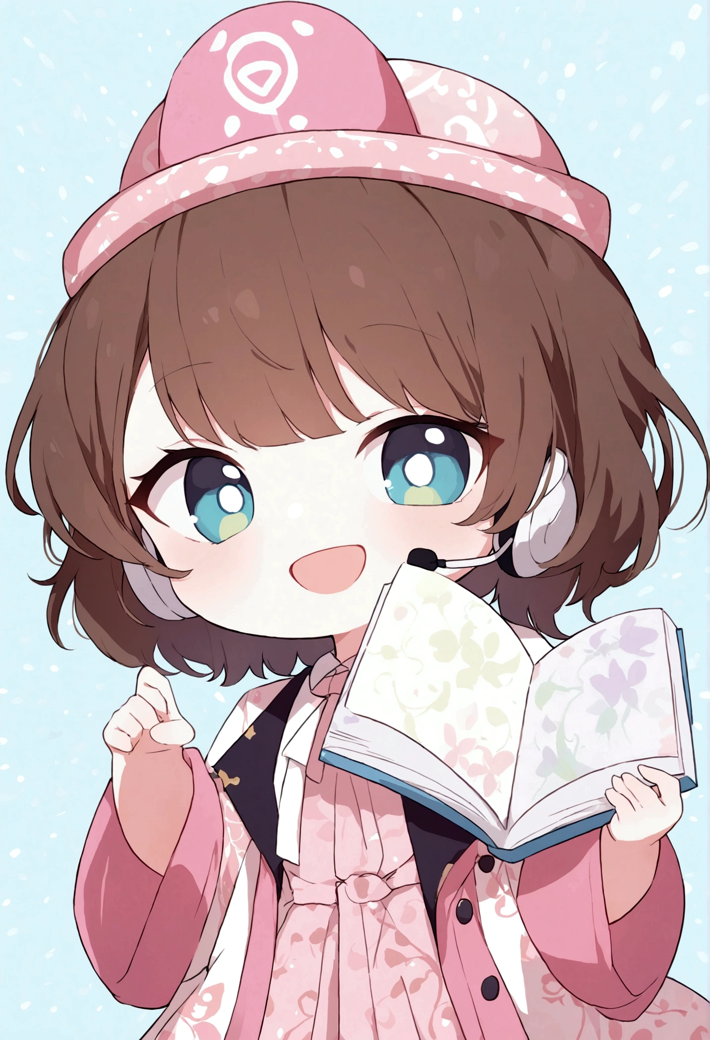 (Daisaku),(Need),(Super meticulous),(full bodyesbian:1.2),1girl,tchibi,adolable,ssmile,open-mouth smile,Light blue background,Raise your right hand,Hold a pencil in hand,Hold a book in your left hand,Music,Pink berets,Manteau,The shirt,short detailed hair,green headwear,Blurred,brunette color hair,longer sleeves,By bangs,Earphone,brunette color hair,(beautiful detailed face),(Beautiful and delicate eyes),
