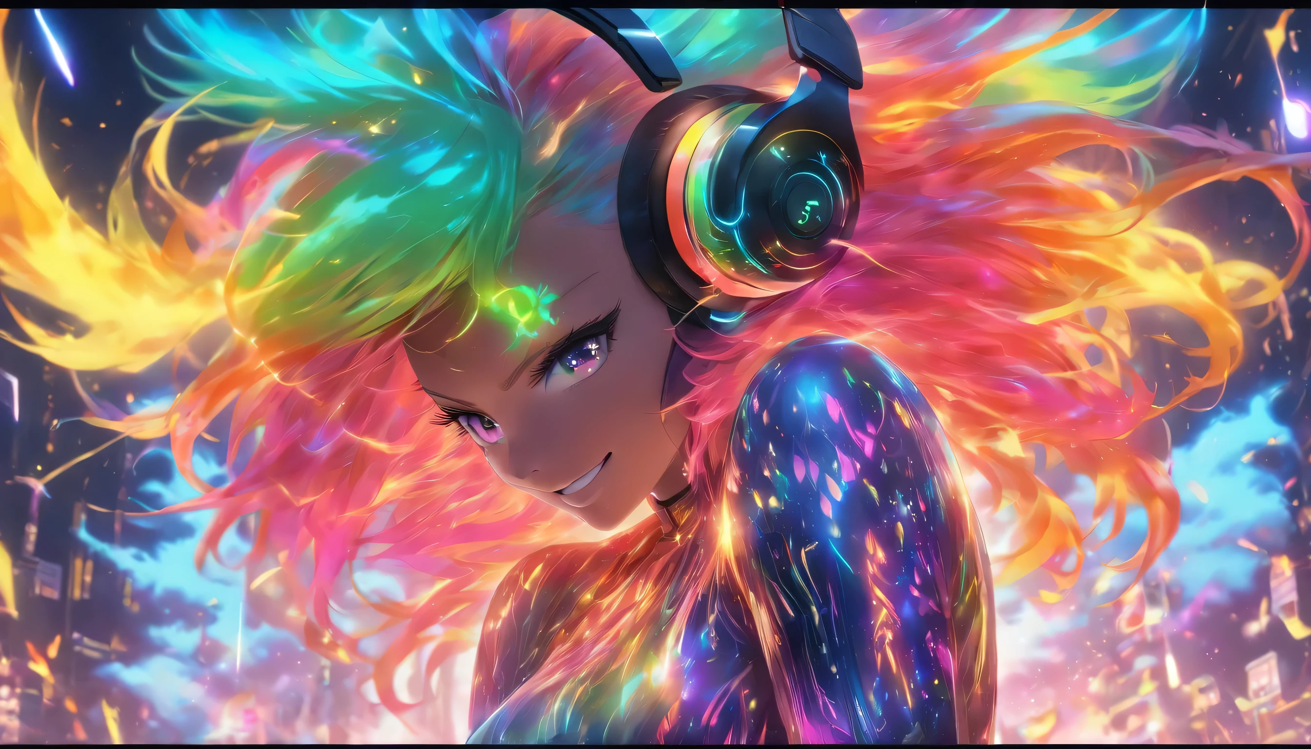 Transparent color PVC clothing, Transparent Vinyl Ultra Metal Bodycon, (((Super fine colorful metallic bodycon)))Prismatic, Holographic, chromatic aberration, Fashion Illustration, masterpiece, DJ,, 8k, Super detailed, Pixiv、(((profile)))、((Colorful Hair))、(((Wearing futuristic headphones)))、、(((Rainbow Hair)))、((Too big boobs))、(((In flames)))、((Colorful eyes))、(((Many glowing sparks))、(((Colorful and mysterious flames)))、engulfed in flames、(smile)、((Full Body))