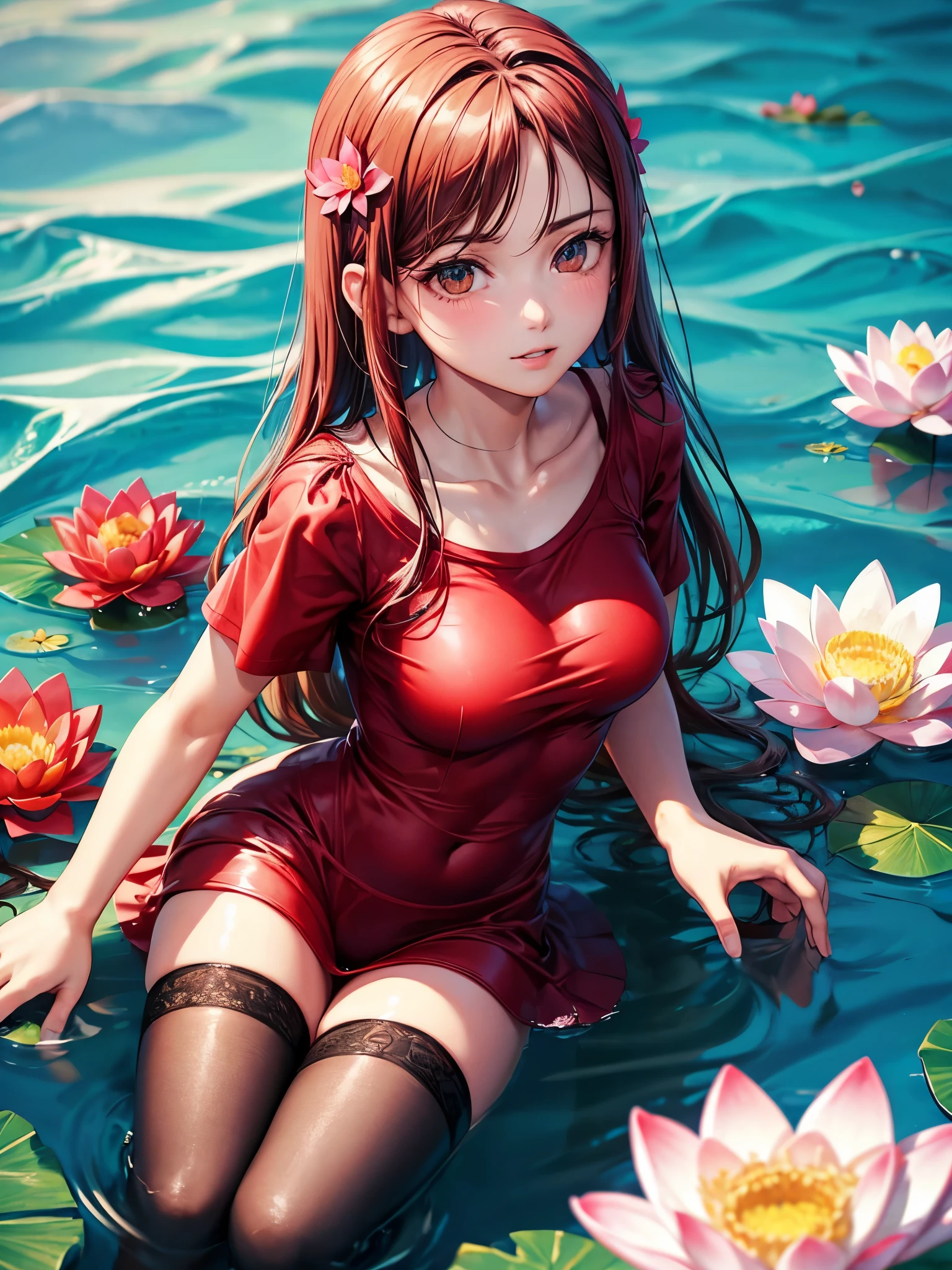 Samia, girl, solo, shirt, looking at you, face, perfect, flowers, high quality, radiant, knight, godly, red shirt, red velvet, water, ocean, lotus