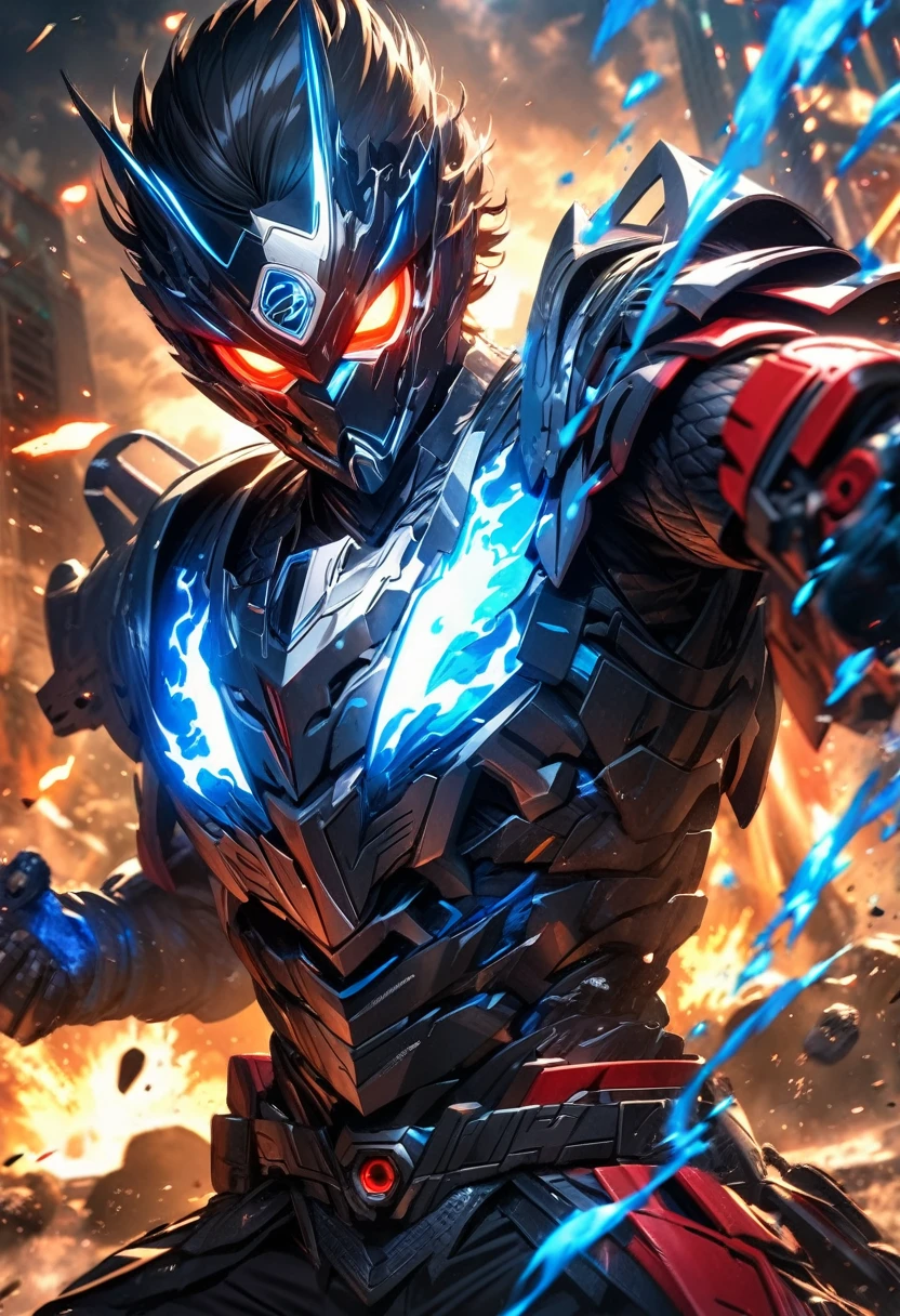 absurdres, highres, ultra detailed, HDR, masterpiece, extremely detailed face and eyes,Kamen Rider Ryuki, , black hair , , solo, man, handsome, , , Epic fight scene,blue flames splashing effect, glowing glitters