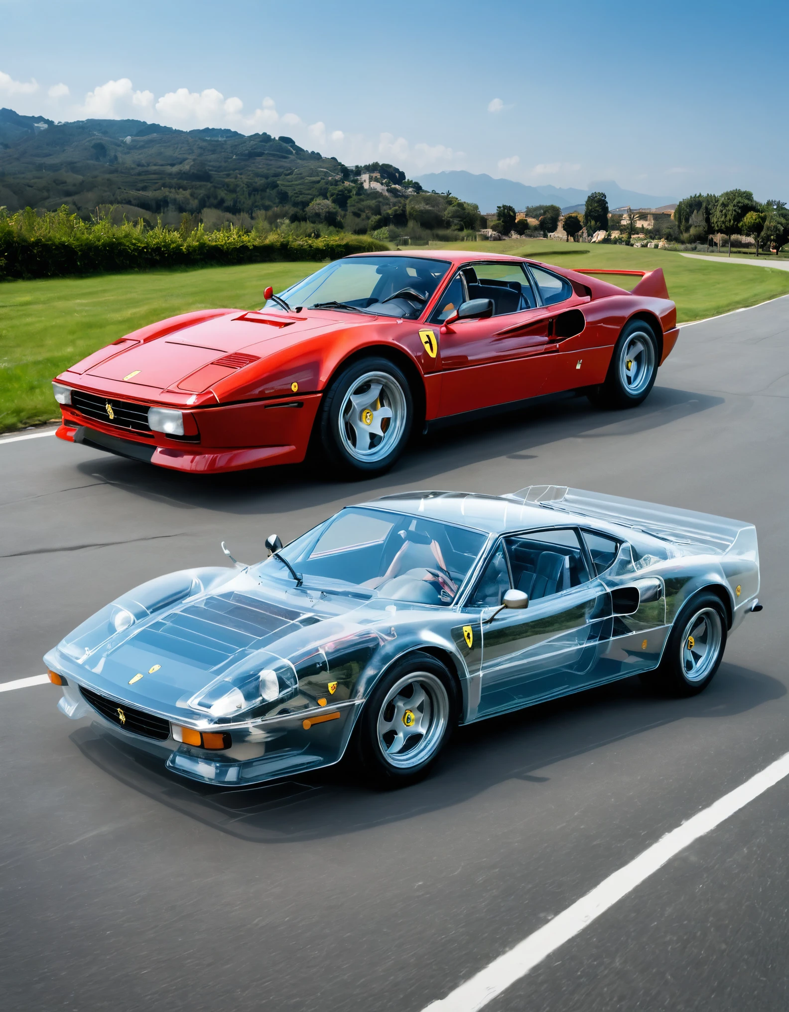 image of a 1984 ferrari testossa transparent fully transparent translucent, you can see the engine through her transparent skin