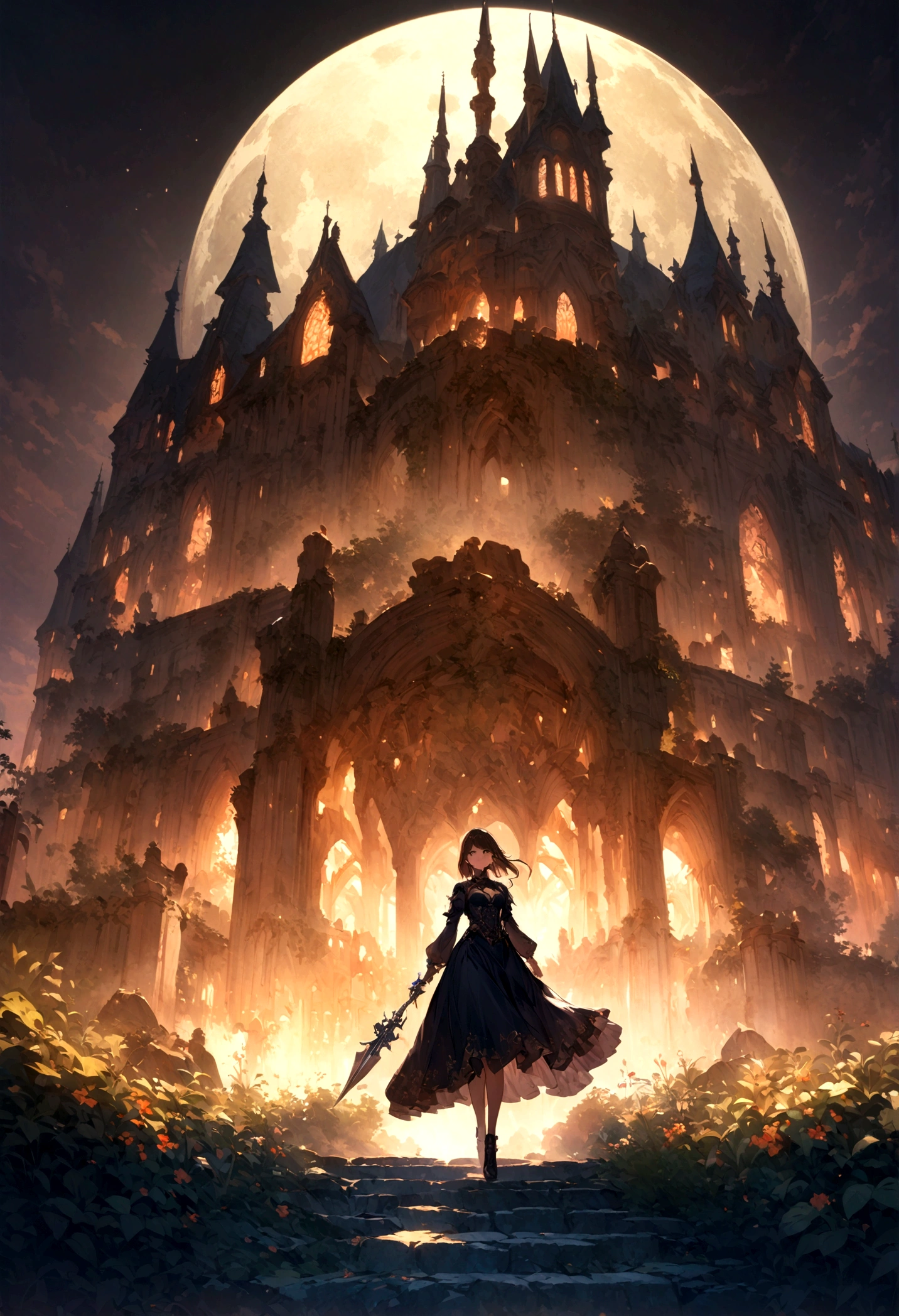 Full Moon Night，Brunette girl walking in the castle garden, (Extremely detailed CG unity 8k wallpaper),(masterpiece), (best quality), (Extremely detailed), (Best Illustration),(The best shadow), 