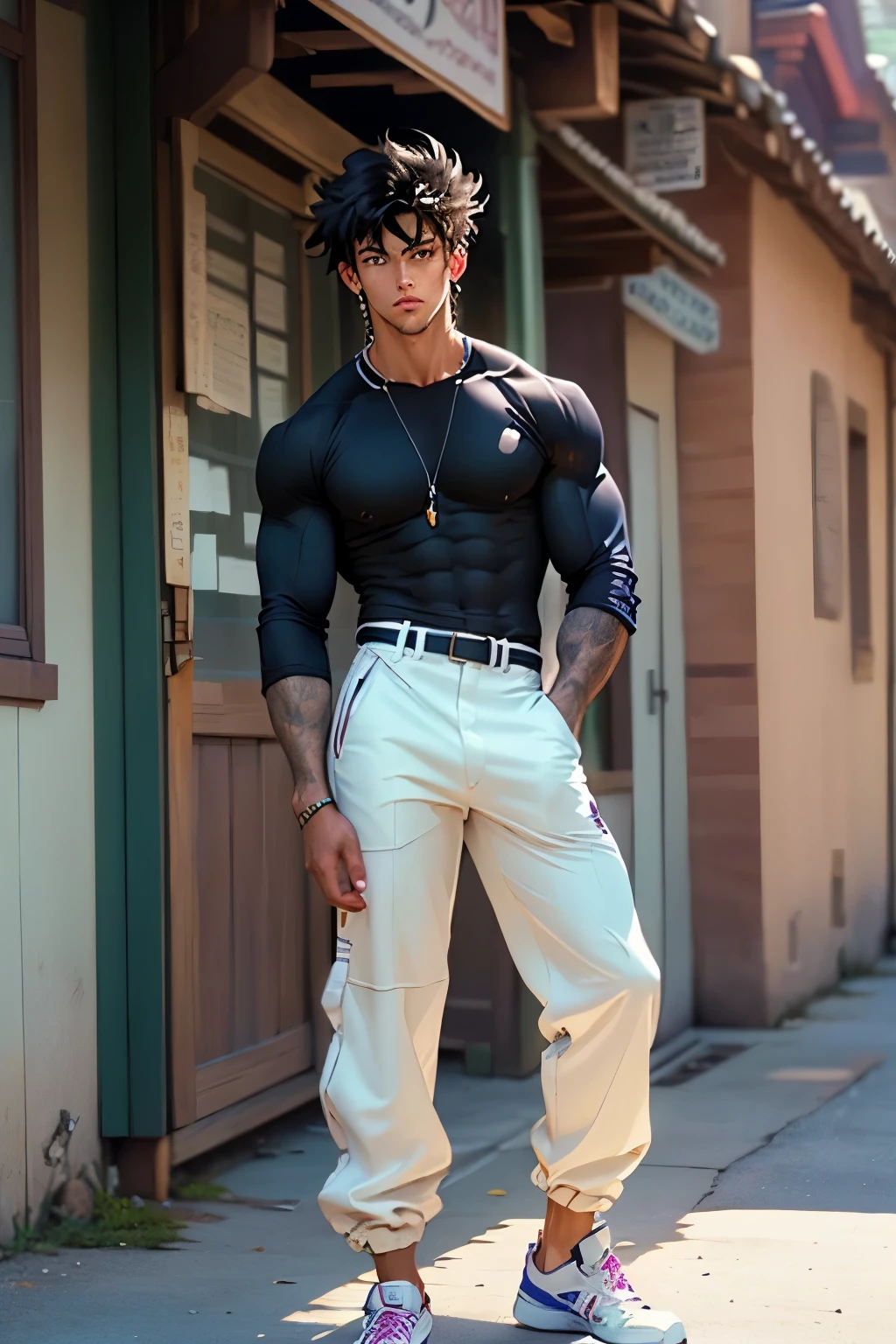 ((best quality)), ((masterpiece)), (detailed), 1male, full body, standing, black hair, , tall muscular guy, 80s anime, gothic boy, looking at viewer, straight-on, finely detailed eyes and detailed face, extremely detailed CG unitymasterpiece, 1990s anime, handsome, details clothes