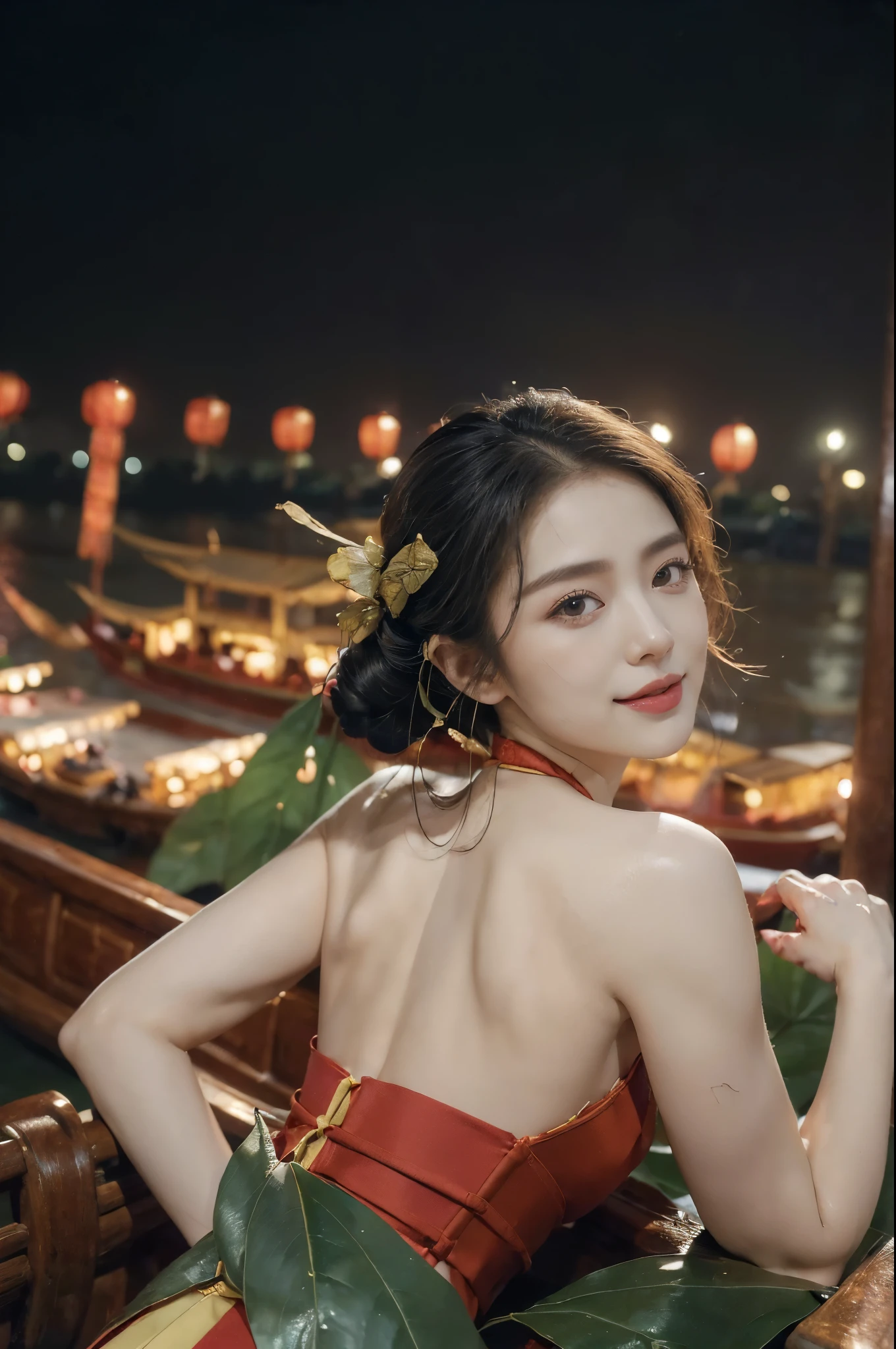 ((((8k))),((Extremely meticulous CG)) ,(wallpaper),16k,((Extremely refined and beautiful)),(((Masterpiece))),(((best qualtiy))),(((Ultra High Resolution))),beautiful light up,Perfect lightning,realistic shaded,(Smooth and flawless skin:1.5),(Extremely exquisite facial details:1.2),(perfect body:1.2),(ultra-detailed),((A beautiful girl,solo)),(small head:1.2),(pale skin:1.3),(medium straight bob hair:1.2),(small face:1.2),(baby face:1.3),(Exquisite makeup:1.2),(blush:1.3),(bare back:1.3),(towering hips:1.3),((slim,thin)),(laughing:1.2),(smiling:1.2),(gorgeous dress made of Zongzi leaves:1.5),(butt crack:1.3),(torn pantyhose:1.5),(outdoor:1.2),(summer:1.3),(detailed background:1.5),(sitting:1.3),(hands on belly:1.3),(upper body:1.3),(from back:1.2),(in Chinese ancient water town:1.5),(on a dragon boat:1.5),(on the river:1.5),(day scene:1.5),(lively atmosphere of Loong Boat Festival:1.2),(surrounded by crowded crowds:1.3)