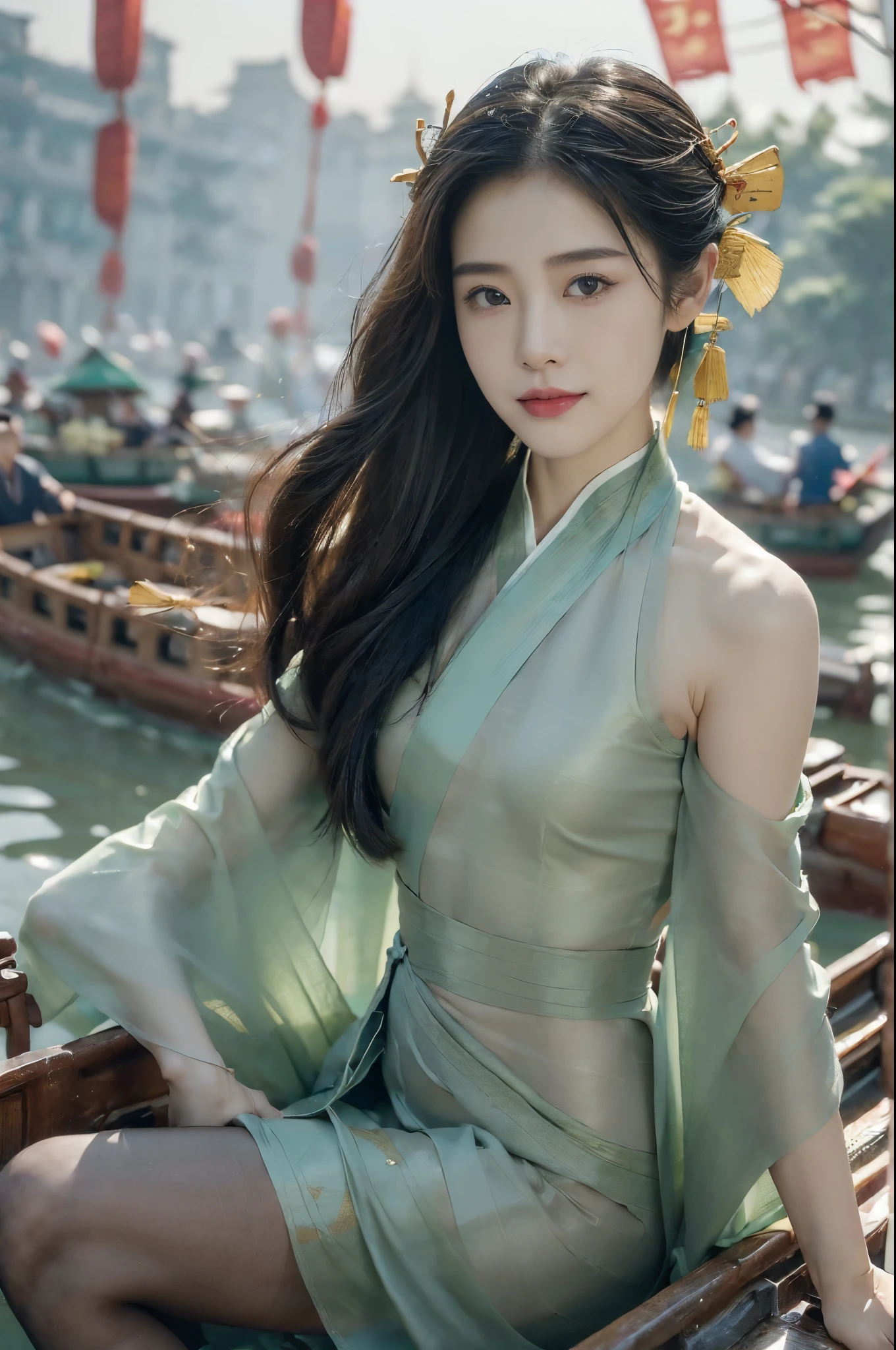 ((((8k))),((Extremely meticulous CG)) ,(wallpaper),16k,((Extremely refined and beautiful)),(((Masterpiece))),(((best qualtiy))),(((Ultra High Resolution))),beautiful light up,Perfect lightning,realistic shaded,(Smooth and flawless skin:1.5),(Extremely exquisite facial details:1.2),(perfect body:1.2),(ultra-detailed),((A beautiful girl,solo)),(small head:1.2),(pale skin:1.3),(medium straight bob hair:1.2),(small face:1.2),(baby face:1.3),(Exquisite makeup:1.2),(blush:1.3),(bare back:1.3),(towering hips:1.3),((slim,thin)),(laughing:1.2),(smiling:1.2),(gorgeous dress made of Zongzi leaves:1.5),(butt crack:1.3),(torn pantyhose:1.5),(outdoor:1.2),(summer:1.3),(detailed background:1.5),(sitting:1.3),(hands on belly:1.3),(upper body:1.3),(from back:1.2),(in Chinese ancient water town:1.5),(on a dragon boat:1.5),(on the river:1.5),(day scene:1.5),(lively atmosphere of Loong Boat Festival:1.2),(surrounded by crowded crowds:1.3)