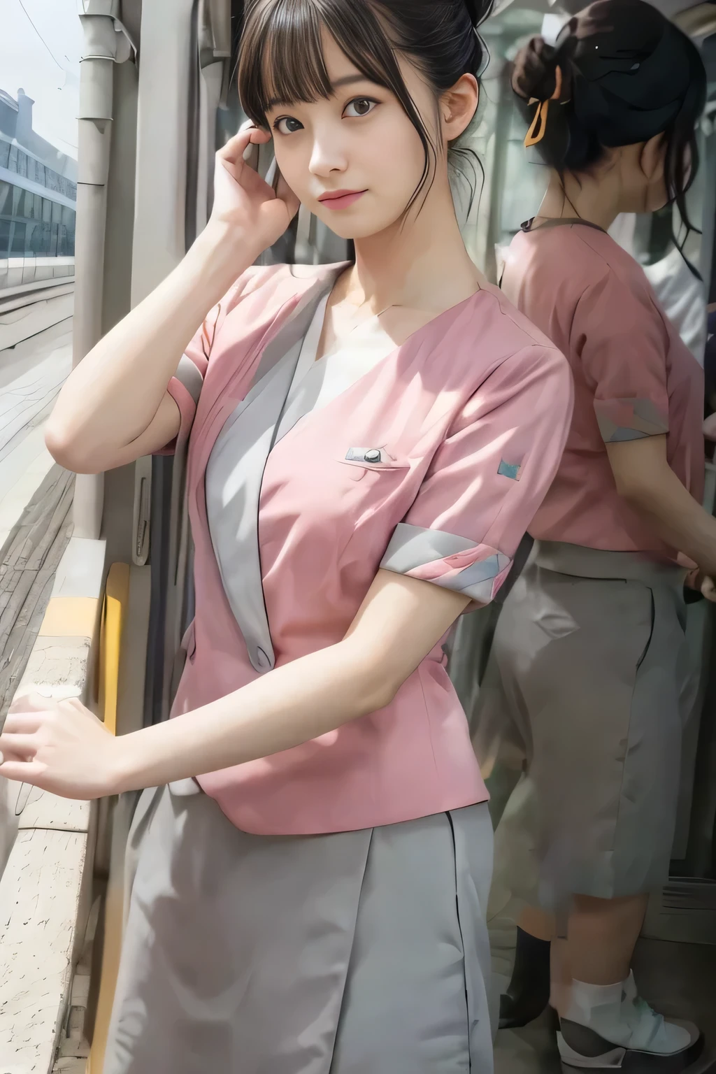 (masterpiece:1.2, highest quality:1.2), 32K HDR, High resolution, (alone、1 girl)、（On the rooftop of a building in the daytime、Professional Lighting）、Building rooftop background、（Nankai train crew uniform pinkを着たリアルスタイル）、（Nankai train crew uniform pink short sleeve pink jacket、Nankai Train Crew Uniform Pink Collarless Short Sleeve Blouse、Nankai Train Crew Uniform Pink Grey Knee-length Culottes）、Dark brown hair、（Hair tied up、Hair Bun、Hair Bun）、Dark brown hair、Long Shot、Big Breasts、Thin legs、（（Great hands：2.0）），（（Harmonious body proportions：1.5）），（（Normal limbs：2.0）），（（Normal finger：2.0）），（（Delicate eyes：2.0）），（（Normal eyes：2.0））)、smile、（Nankai Train Crew Uniform Pink Grey Knee-length Culottesを見せた美しい歩く姿）、Keep your hands natural