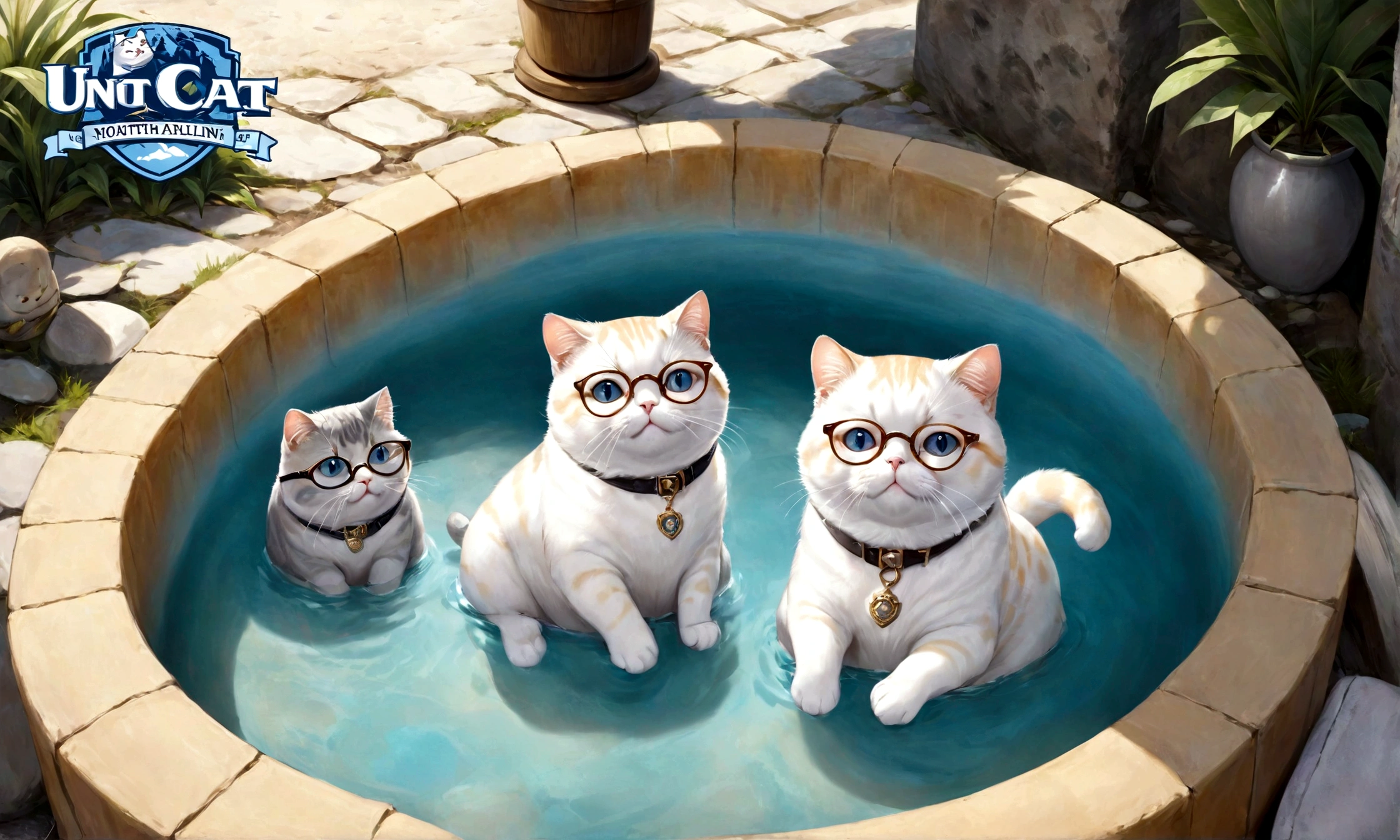 Cute adorable Scottish fold light blue fat cat Paladin, At the hot spring, Write a logo "University of North Carolina" On the body, Adorable digital painting, Realistic fantasy art, Beautiful digital art,Wear glasses,