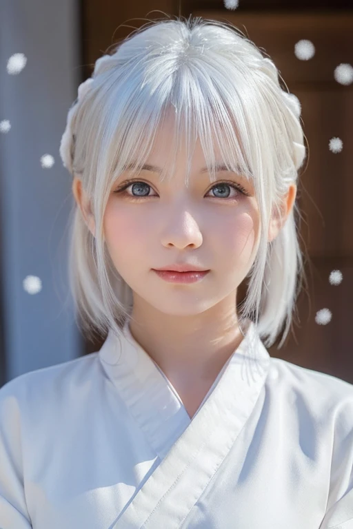 one girl, (a beauty girl, delicate girl:1.3), (14 years old:1.3),
break, (snow woman, white kimono:1.3), obi,
break, (snowy mountain, snowing, blizzard:1.2),
break, very fine eyes, (symmetrical eyes:1.3),
break, (small breasts:0.5), brown eyes, parted bangs, (white hair:1.3), (upper teeth, best smile:0.2),
break, (eyes and faces with detailed:1.0),
break, (masterpiece, best quality, ultra detailed, detailed face, 8k)