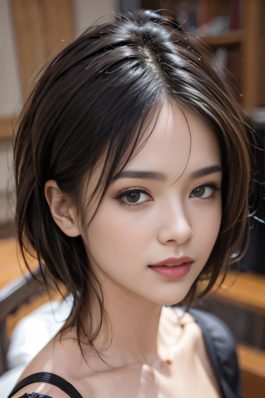 (masterpiece:1.3), (8k, Realistic, RAW Photos, highest quality: 1.4), (One girl), Beautiful Face, (Realistic Face), (Black Hair, short hair:1.3), Beautiful Hairstyles, Realistic eyes, Beautiful fine details, (Realistic Skin), Beautiful Skin, (sweater), Absurd, Charm, Ultra-high resolution, Ultra-realistic, Very detailed, Golden Ratio