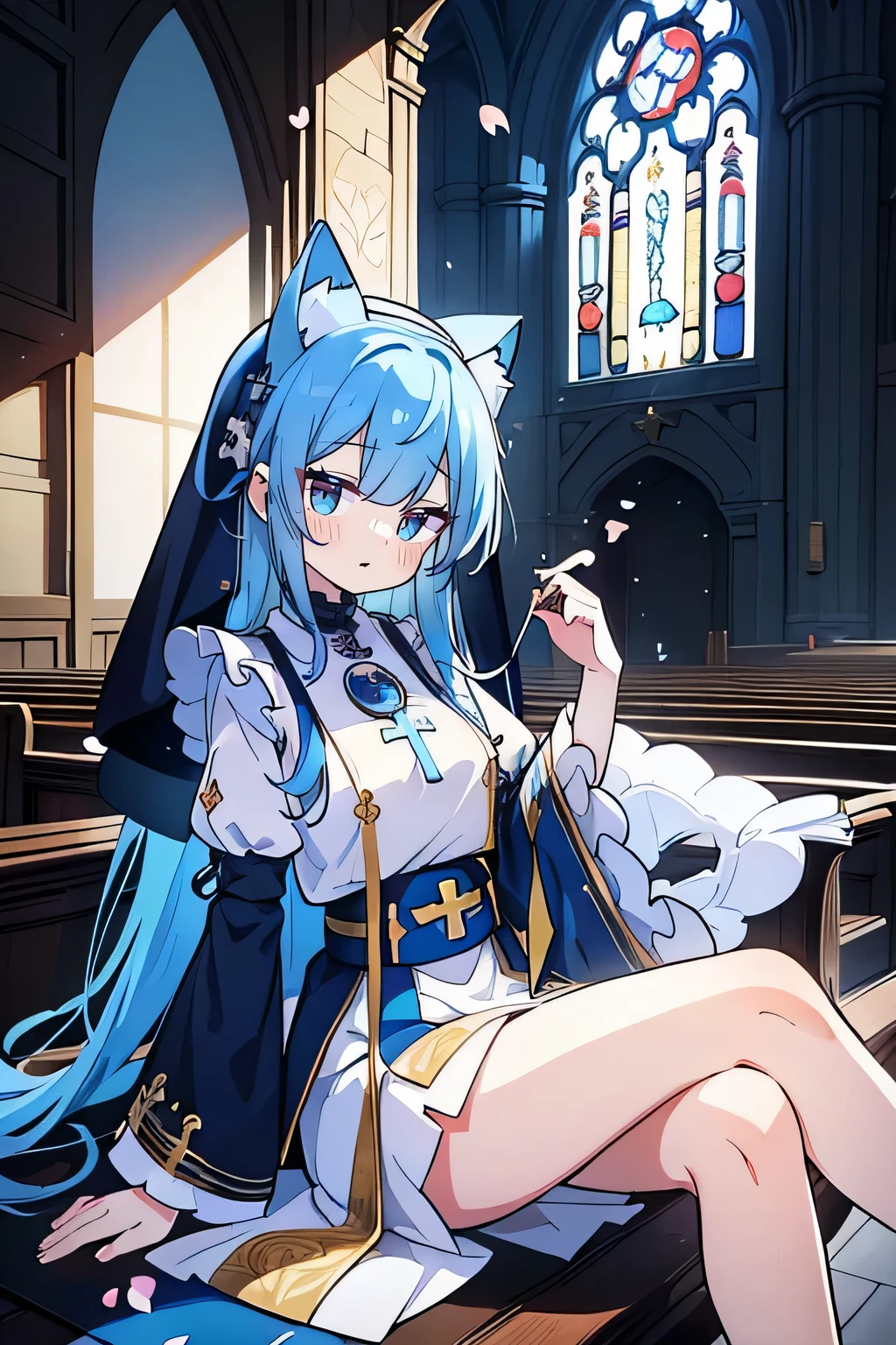 (masterpiece:1.2),Extremely detailed,Practical,expressive eyes,Fair skin,Perfect face shaping,1 Girl,
Japanese cartoons,Gorgeous blue hair, the long flowing blue hair,Floating clothes,Cat ears,Petals fall,beautiful lola,Young Angel,
Place your hands on your waist,sit elegantly on the ground,Cross your legs,Gentle and peaceful background,church,Nun&#39;s Clothes,back view,lie on the water,Large Breasts, H Cup, Good breasts, Place your hands on your waist,beautiful, Gorgeous,Japanese cartoons,girl,Lola,Hina Angel, Blue Hair, Blue Haired,Tent breasts, tent box, tent chest, Floating clothes,Grab your waist, Grab your waist, Hands on Hips , hands on hips,sit, sit on ground, Legs on the ground. 