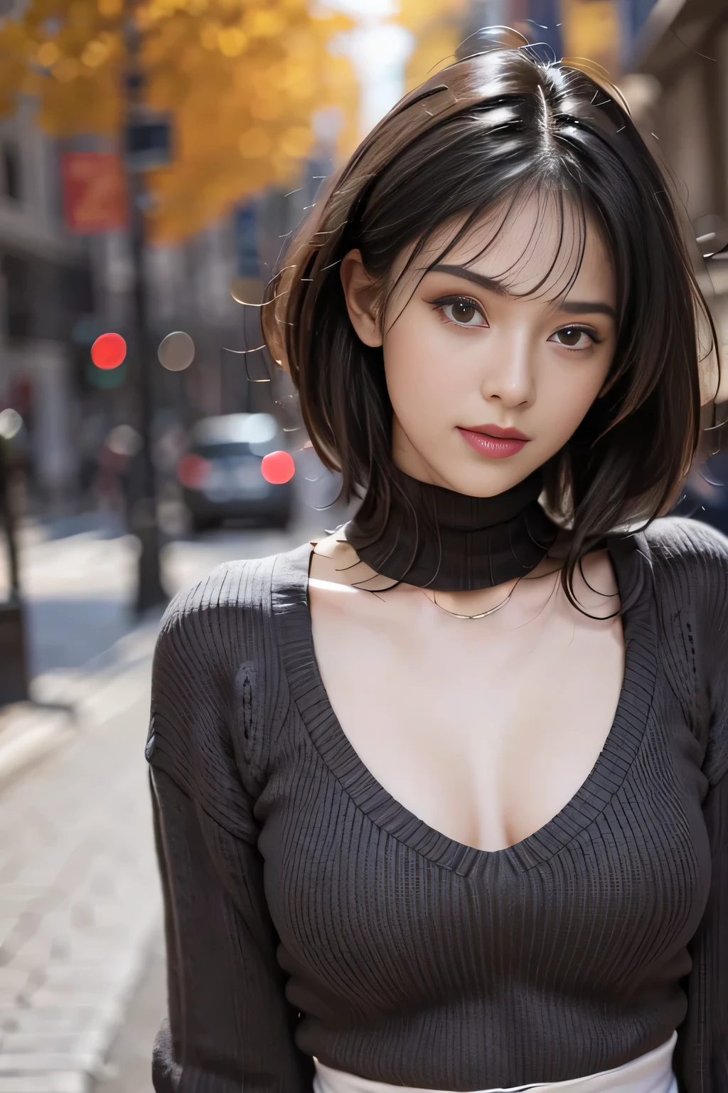 (masterpiece:1.3), (8k, Realistic, RAW Photos, highest quality: 1.4), (One girl), Beautiful Face, (Realistic Face), (Black Hair, short hair:1.3), Beautiful Hairstyles, Realistic eyes, Beautiful fine details, (Realistic Skin), Beautiful Skin, (sweater), Absurd, Charm, Ultra-high resolution, Ultra-realistic, Very detailed, Golden Ratio