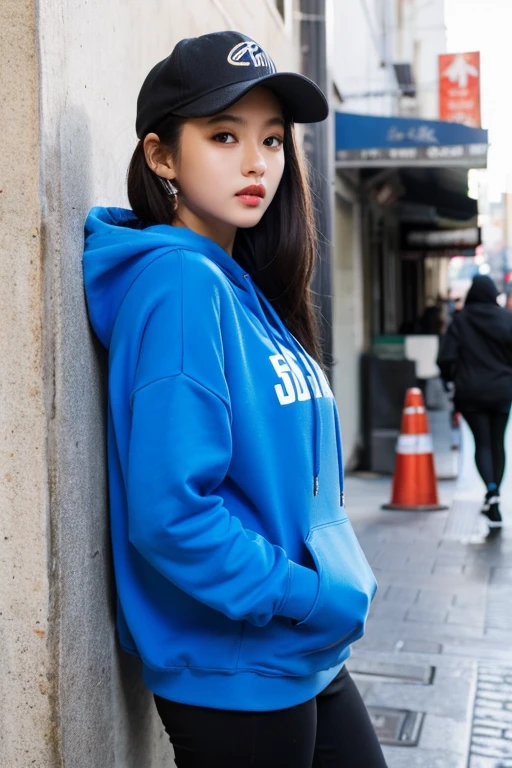 ((best quality)), ((masterpiece)), (detailed), 1girl, beautiful straight black long hair , blue hoodie , black cap , standing position , sexy poses , standing on the side streets of town , luxury bracelets , luxury necklace