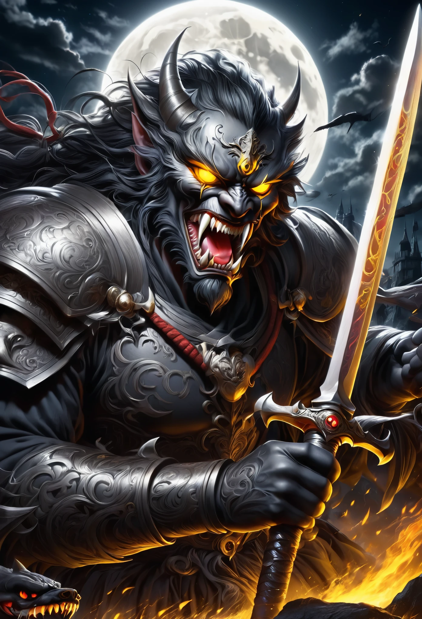 glowing, glowing eyes, moon, sharp teeth, spot color, sword, teeth, weapon, yellow eyes