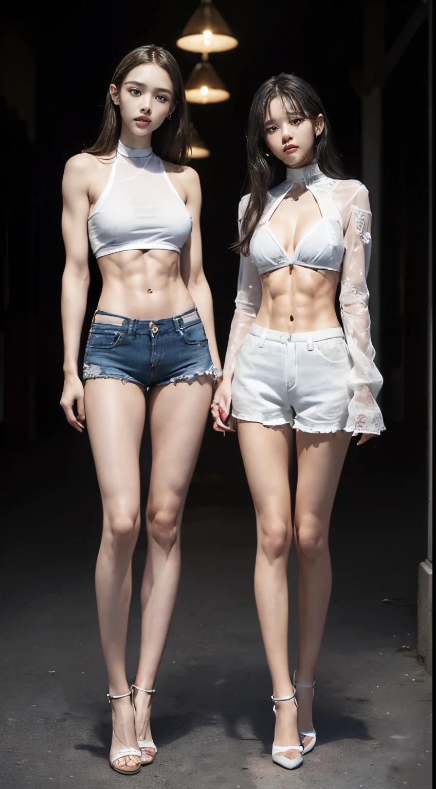 (8k、Raw photo、最high quality、masterpiece:1.5),((((Both of them stand with their legs apart:1.9)))),(((Both of them have an inseam that is more than half their height.:1.6))),((Both of them have bare legs.:1.3)),((Both of them are extremely slim:1.3)),((((Both girls look exactly like K-pop star Wonyoung:1.9)))),((Both of them have very long, slender legs.:1.6)),((Both are 173cm tall:1.5)),((The two have perfect supermodel style:1.3)),(((((Both of them take full body shots:1.8))))),(((Both of you should face your whole body straight ahead.:1.8))),((Photographed from below to show the whole body of the legs so that they look longer.:1.6)),Skin irregularities are reproduced in minute detail:1.4, (Super thin waist: 1.2), Thin buttocks,Open the navel,Detailed reproduction of the navel,完璧なSuper thin thighs: 1.2),(both of them are the same height:1.2),(((Both of them have amazingly slim figures.))),((Both of them are wearing super micro shorts.:1.4)),((Both are 17 years old)),(((Both of them are extremely exposed.:1.5))),((Both of them have super-strong abs:1.9)),(Both of them are wearing short, see-through white camisoles.:1.4),(cute:1.2),(Big boobs but no bra),(((Both of their erect nipples are visible through the fabric.))),(Both of them are covered in sweat:1.3),Highly detailed face and skin texture,(Both of you stand with your legs straight and without bending your knees.:1.3),(They're both the same height:1.3),Fair Asian Skin, Ultra-Realistic Details, Natural Shadows,(Very small hips:1.3),Large firm breasts, Super long thighs,(Super thin thighs),(Super slim calves),((Small Ass)),(Both of them have the slender bodies of well-trained track and field athletes.:1.5),(Super muscular body:1.5),Super toned waist,(Super thin waist:1.3),((White high heels)),lengthen limbs,(Shooting the whole body from calf height:1.5),(Both of them have slim, toned ankles.:1.2),(((Standing on the sidewalk in front of a stylish upscale restaurant:1.4))),(((Wide open abdomen:1.5))),Hands on hips,Both of them face forward,Super long arms,Thin hands,(Black hair ponytail),((Both of them stand up straight.)),(Keep your hips facing forward:1.5),Both of them are beautiful with 8-head body proportions.,Very thin ankles,The arms are very slender and muscular,The legs are super slender and muscular,Make your arms thinner,Super slim and muscular legs,Both of them have super long legs.,The middle of the thighs are very thin,(Super muscular and extremely slim calves),(Super muscular and slim thighs),(Very tight waist:1.2),((Both of them have an inseam that is more than half their height.の美脚:1.5)),Extremely thin thighs,Fine skin,Firm skin,(((Both of them should fit from the top of their heads to the toes of their heels.:1.5))),(((Both have beautiful legs))),(Both of them are super muscular and have slim legs.:1.2),(toned thin legs:1.3),((Sunny afternoon:1.2)),Midsummer:1.2, Super detailed, High detail, high quality, Awards,High resolution,((Anatomically correct))