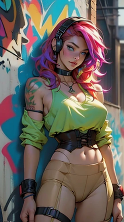 masterpiece, best quality, Two Latinas (colossal cleavage:1.5, massive breasts: 2.0, multicolored hair, aqua eyes) holding hands, corset, gym leggings, choker, (graffiti:1.2), paint splatter, against wall, intricately detailed, intricately textured, hyperrealism looking at viewer, armband, thigh strap, paint on body, head tilt, bored, headset, peepshow, nip slip,(((petting camel toe)))